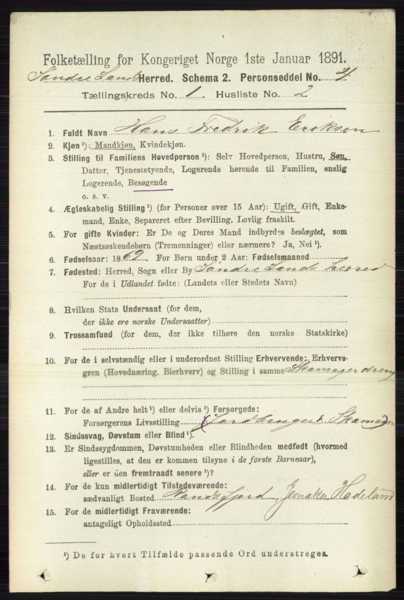 RA, 1891 census for 0536 Søndre Land, 1891, p. 149