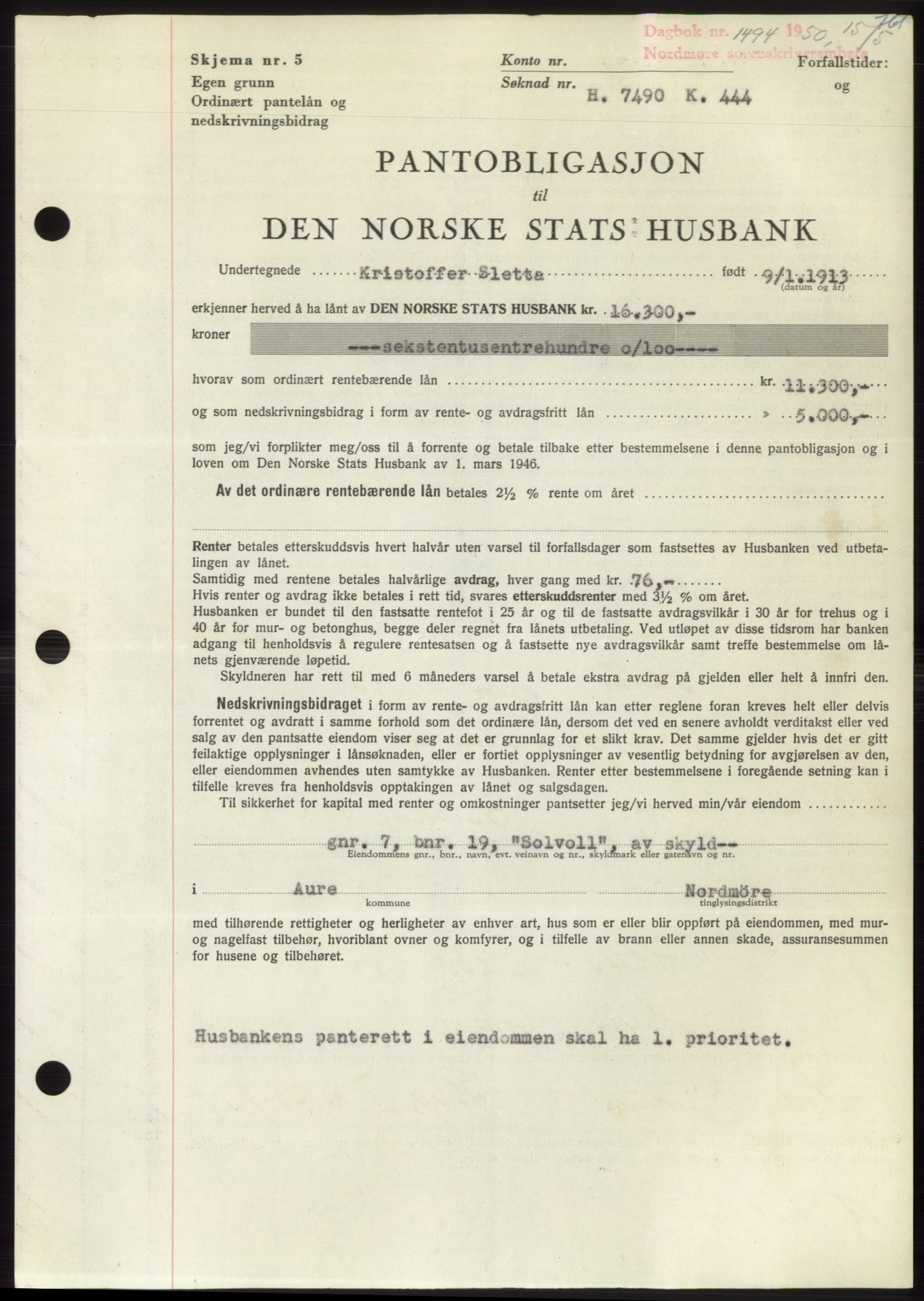 Nordmøre sorenskriveri, AV/SAT-A-4132/1/2/2Ca: Mortgage book no. B104, 1950-1950, Diary no: : 1494/1950