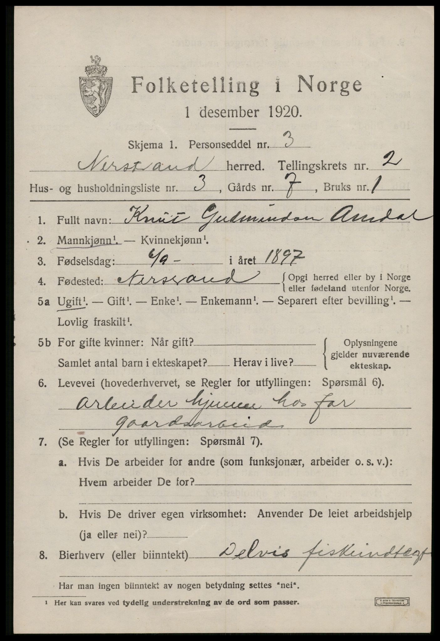 SAST, 1920 census for Nedstrand, 1920, p. 1003