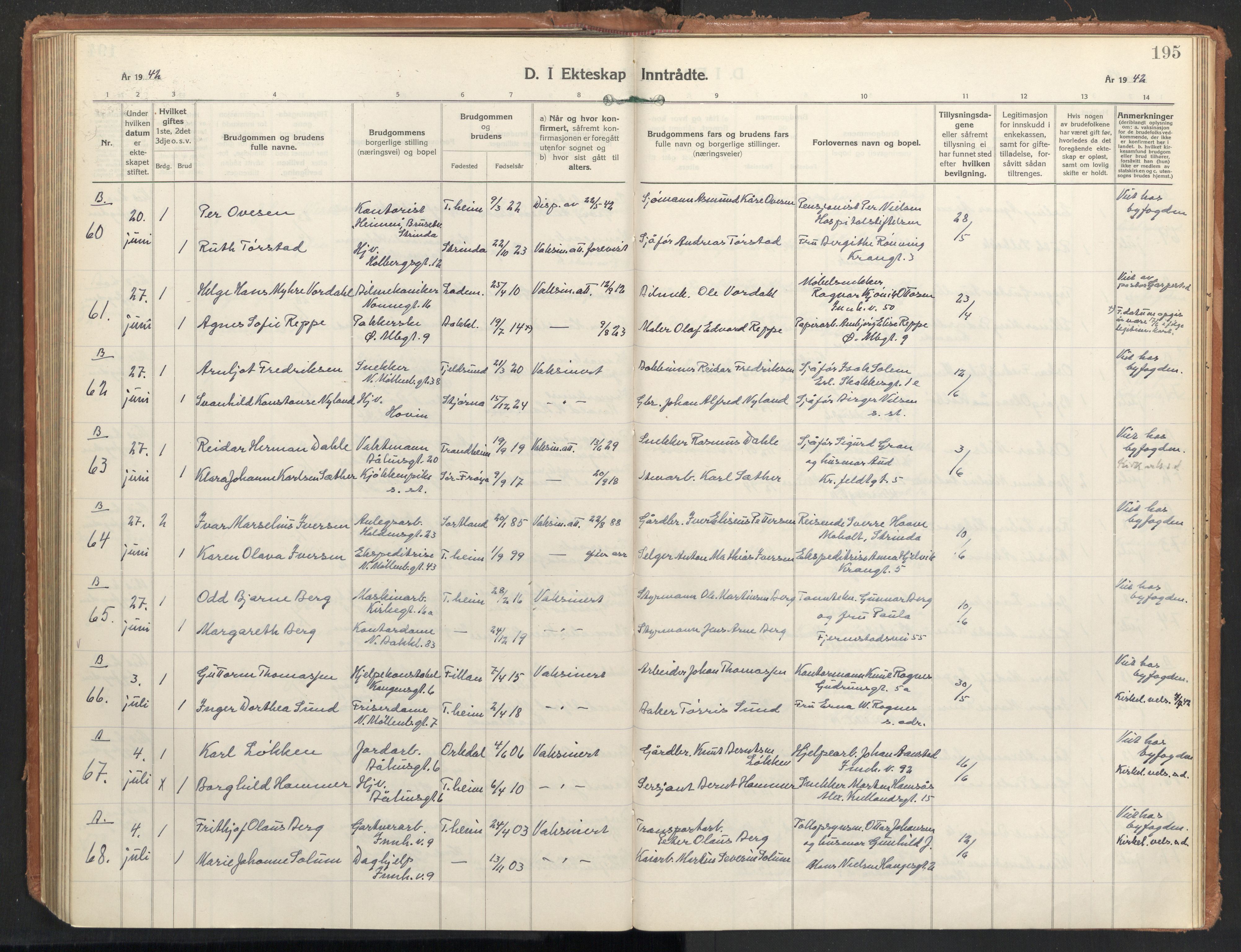 Ministerialprotokoller, klokkerbøker og fødselsregistre - Sør-Trøndelag, SAT/A-1456/604/L0209: Parish register (official) no. 604A29, 1931-1945, p. 195