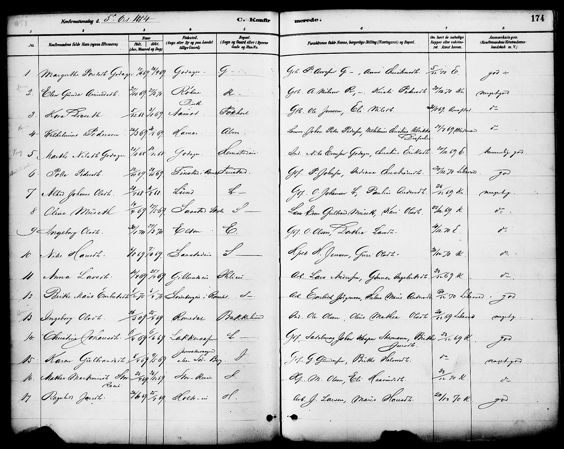 Stange prestekontor, AV/SAH-PREST-002/K/L0017: Parish register (official) no. 17, 1880-1893, p. 174