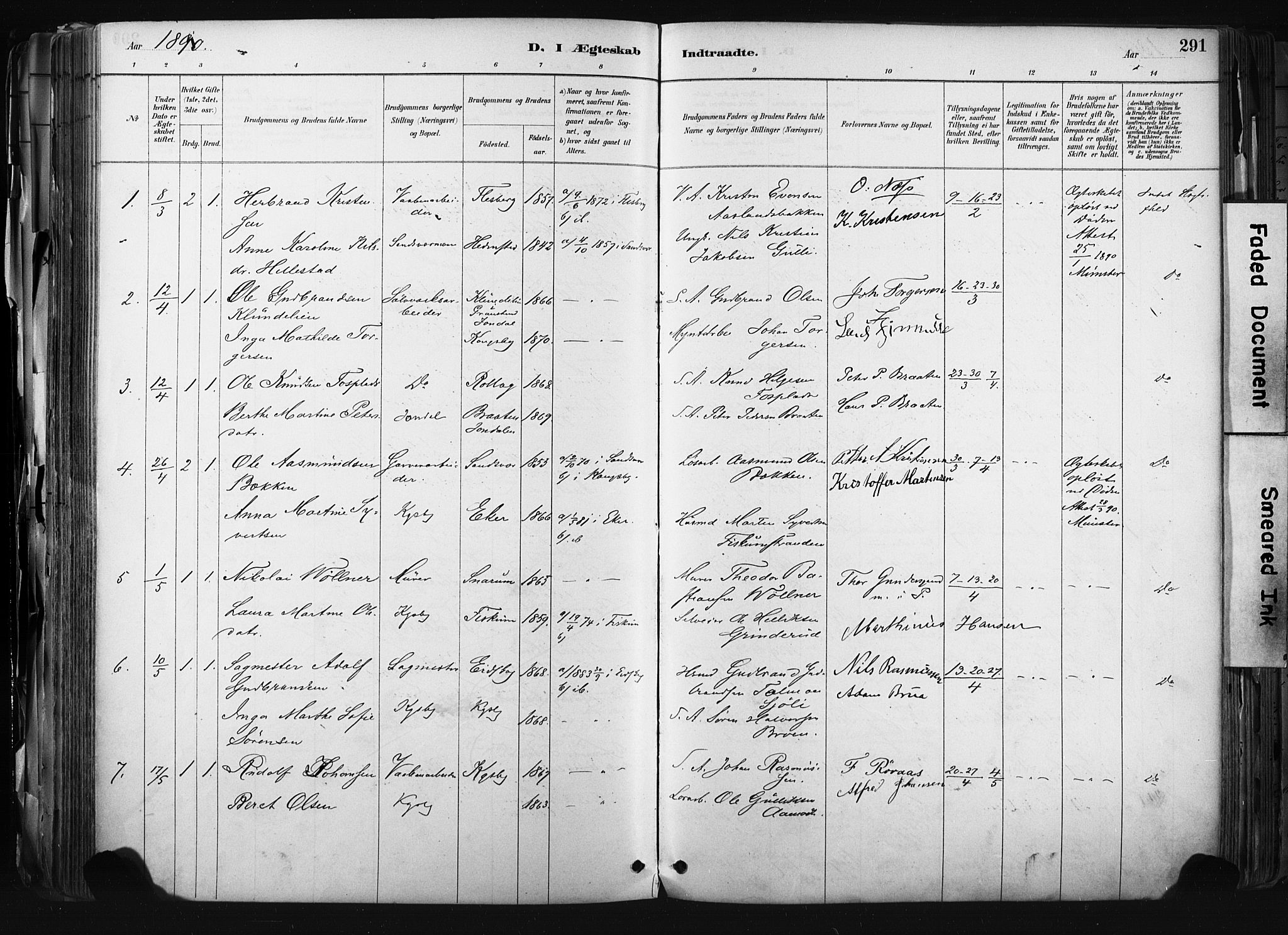 Kongsberg kirkebøker, SAKO/A-22/F/Fb/L0002: Parish register (official) no. II 2, 1886-1896, p. 291