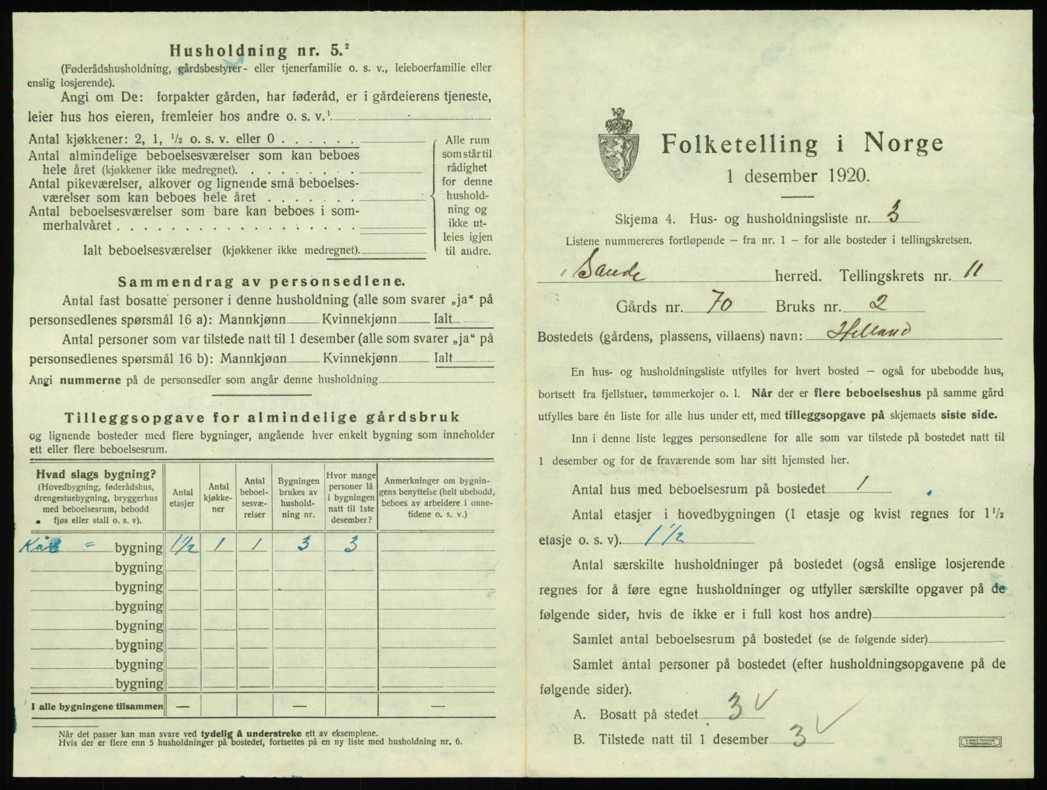 SAT, 1920 census for Sande (MR), 1920, p. 840