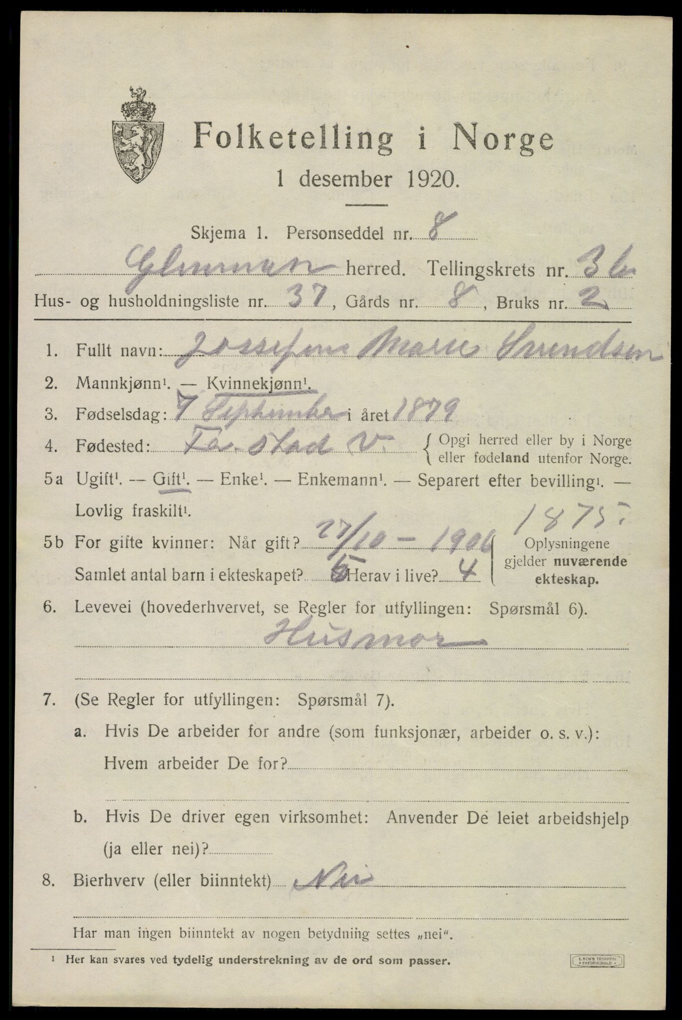 SAO, 1920 census for Glemmen, 1920, p. 9657