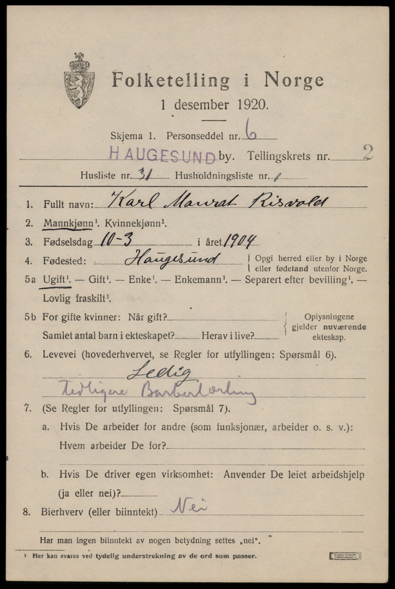 SAST, 1920 census for Haugesund, 1920, p. 13521