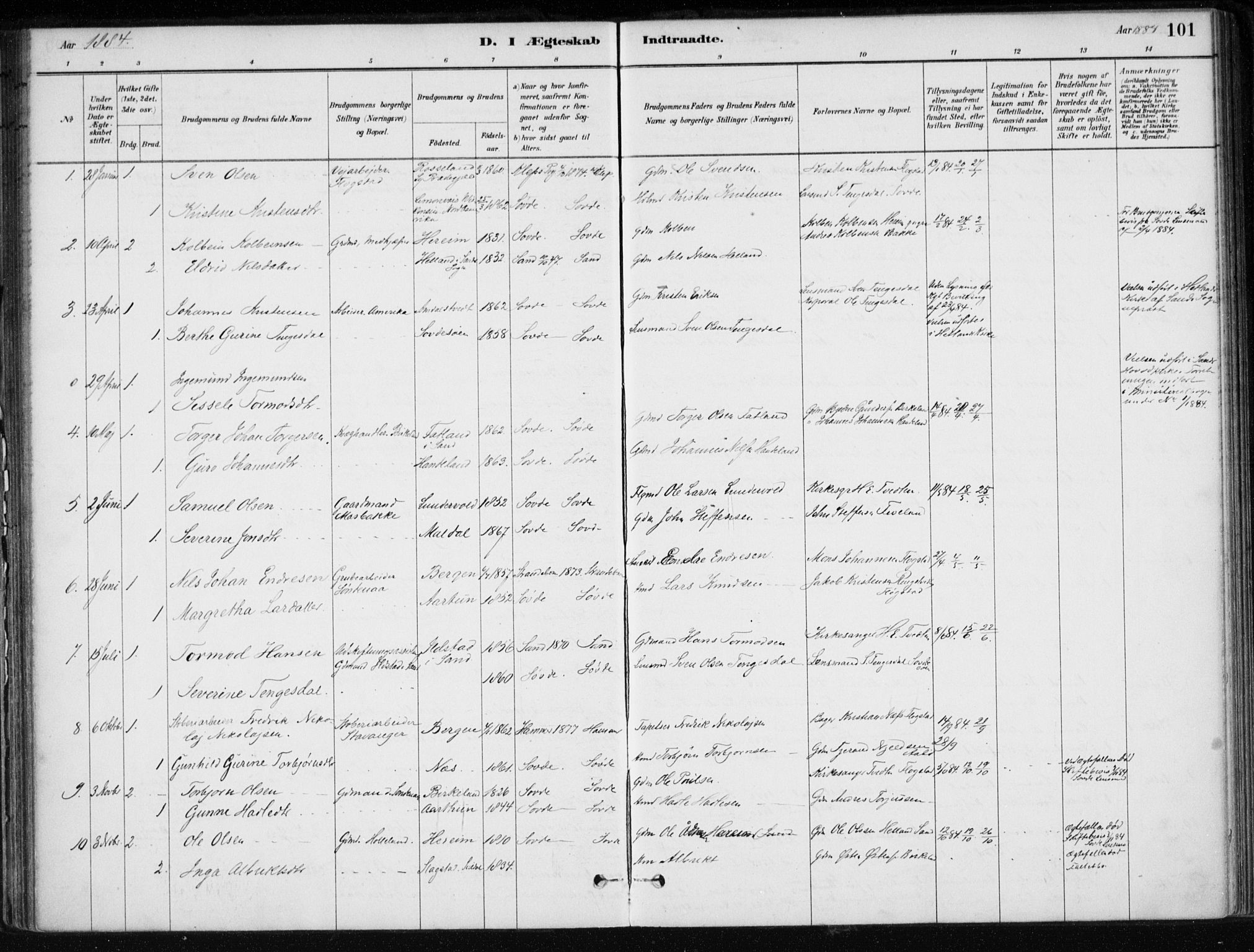 Sand sokneprestkontor, AV/SAST-A-101848/01/III/L0006: Parish register (official) no. A 6, 1880-1898, p. 101