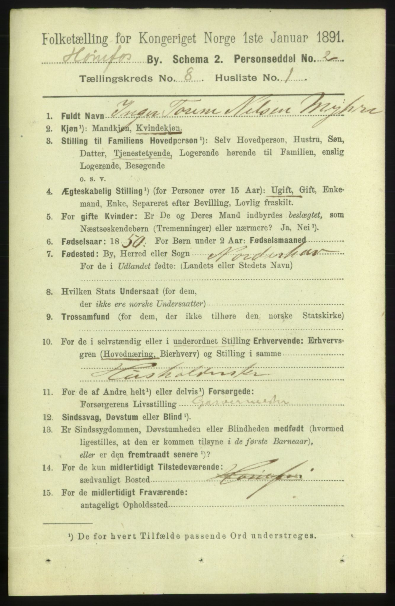 RA, 1891 census for 0601 Hønefoss, 1891, p. 1247