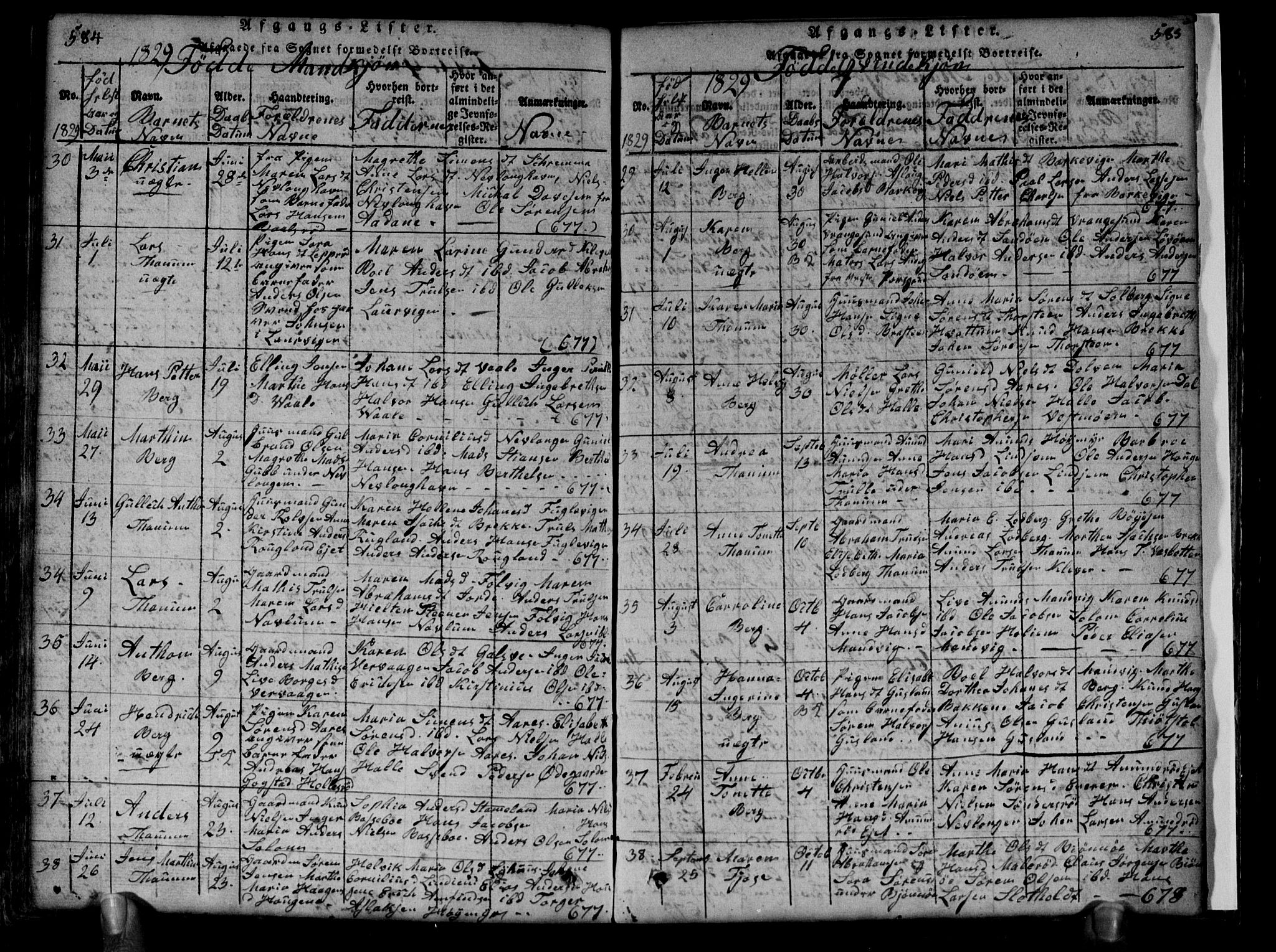 Brunlanes kirkebøker, AV/SAKO-A-342/G/Ga/L0001: Parish register (copy) no. I 1, 1814-1834, p. 584-585