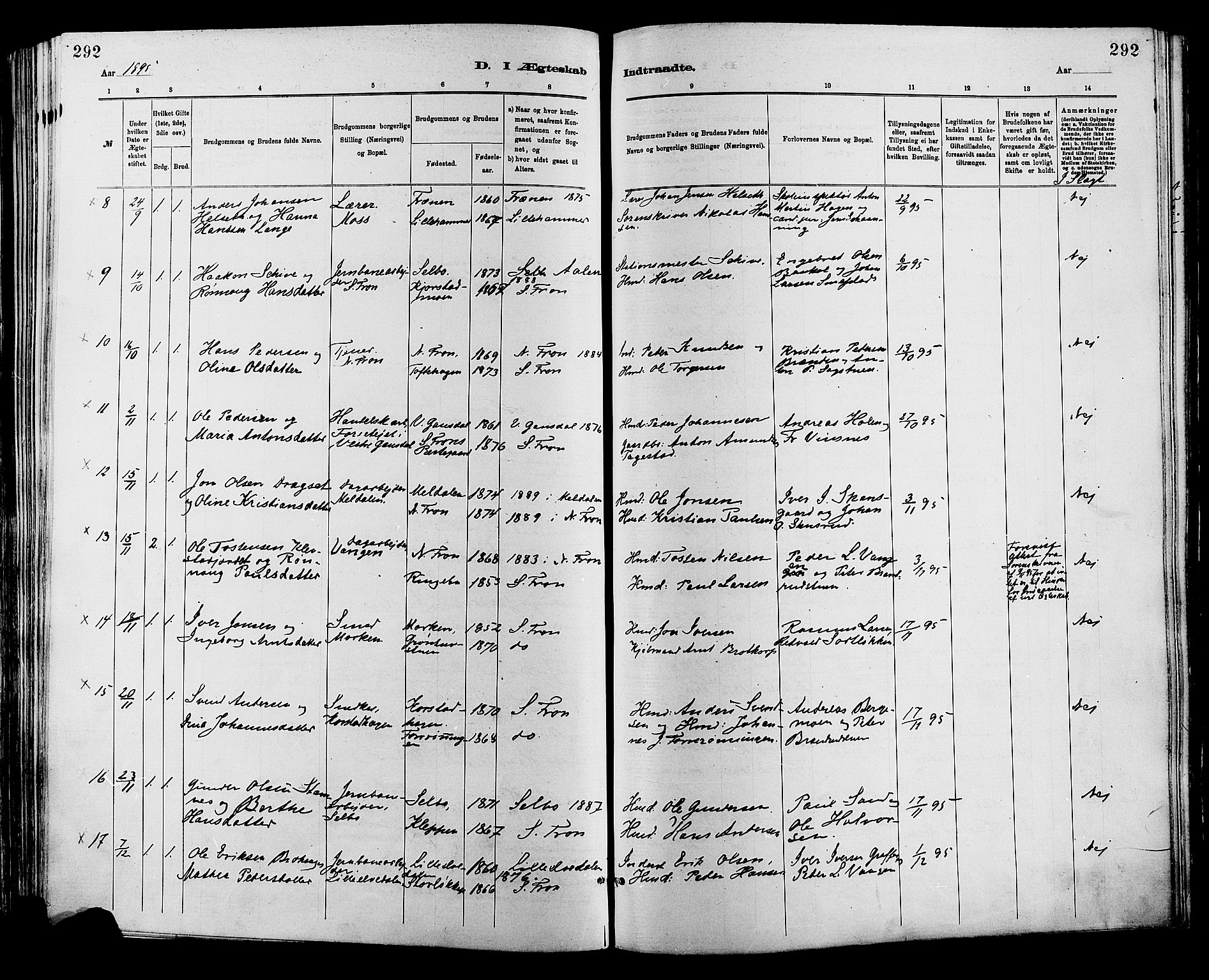 Sør-Fron prestekontor, AV/SAH-PREST-010/H/Ha/Haa/L0003: Parish register (official) no. 3, 1881-1897, p. 292