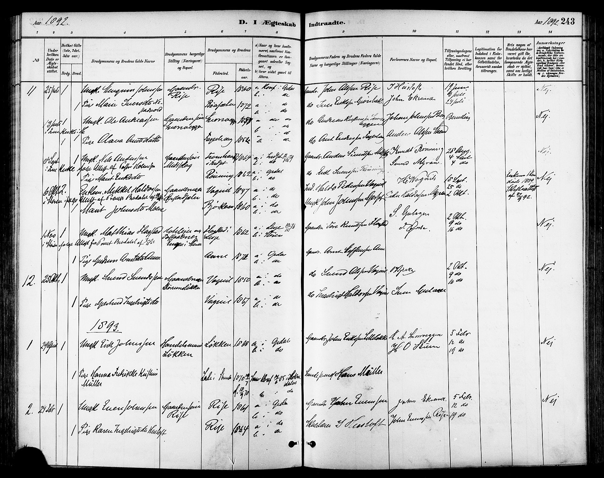 Ministerialprotokoller, klokkerbøker og fødselsregistre - Sør-Trøndelag, SAT/A-1456/678/L0901: Parish register (official) no. 678A10, 1881-1894, p. 243