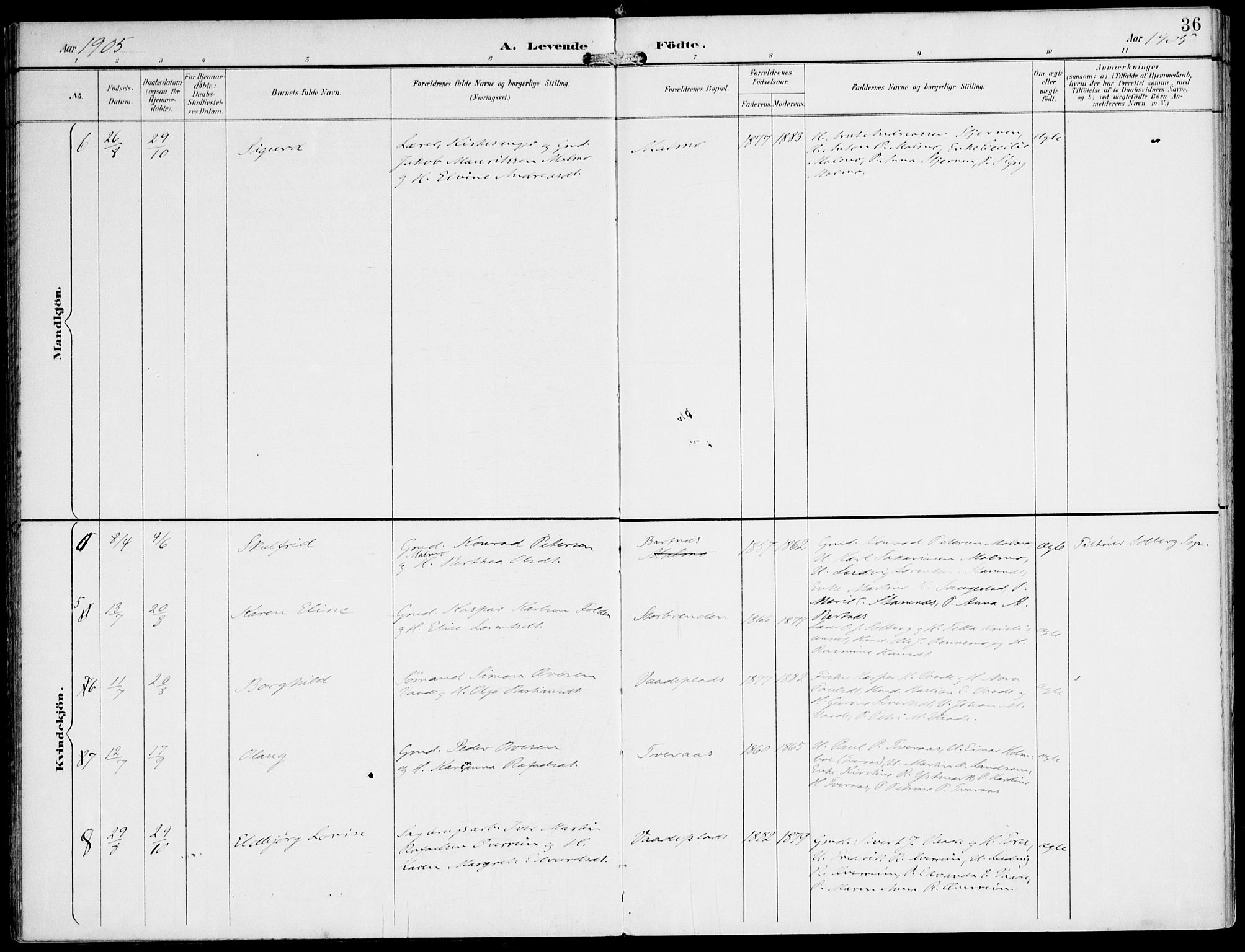 Ministerialprotokoller, klokkerbøker og fødselsregistre - Nord-Trøndelag, AV/SAT-A-1458/745/L0430: Parish register (official) no. 745A02, 1895-1913, p. 36