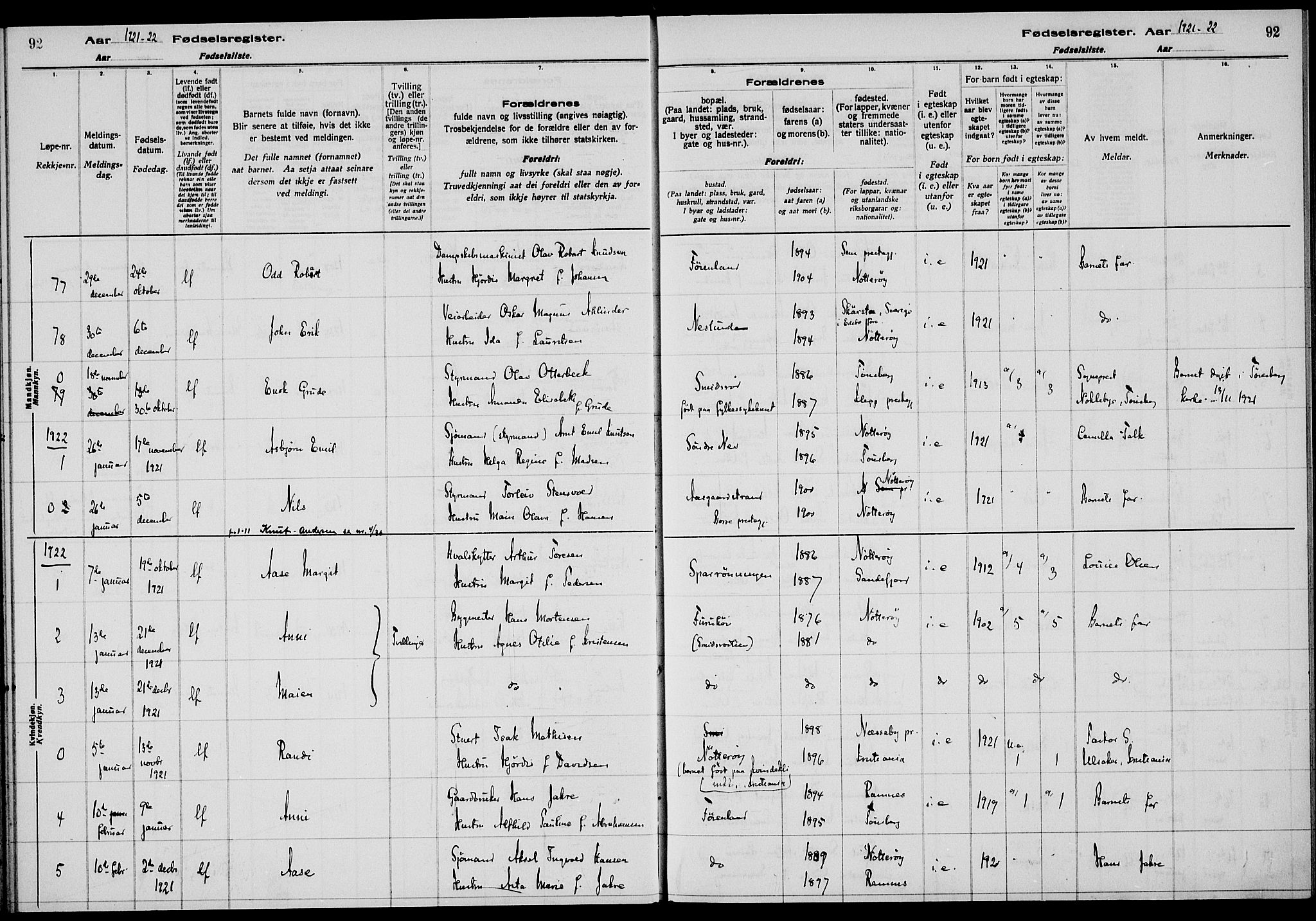 Nøtterøy kirkebøker, AV/SAKO-A-354/J/Ja/L0001: Birth register no. 1, 1916-1928, p. 92