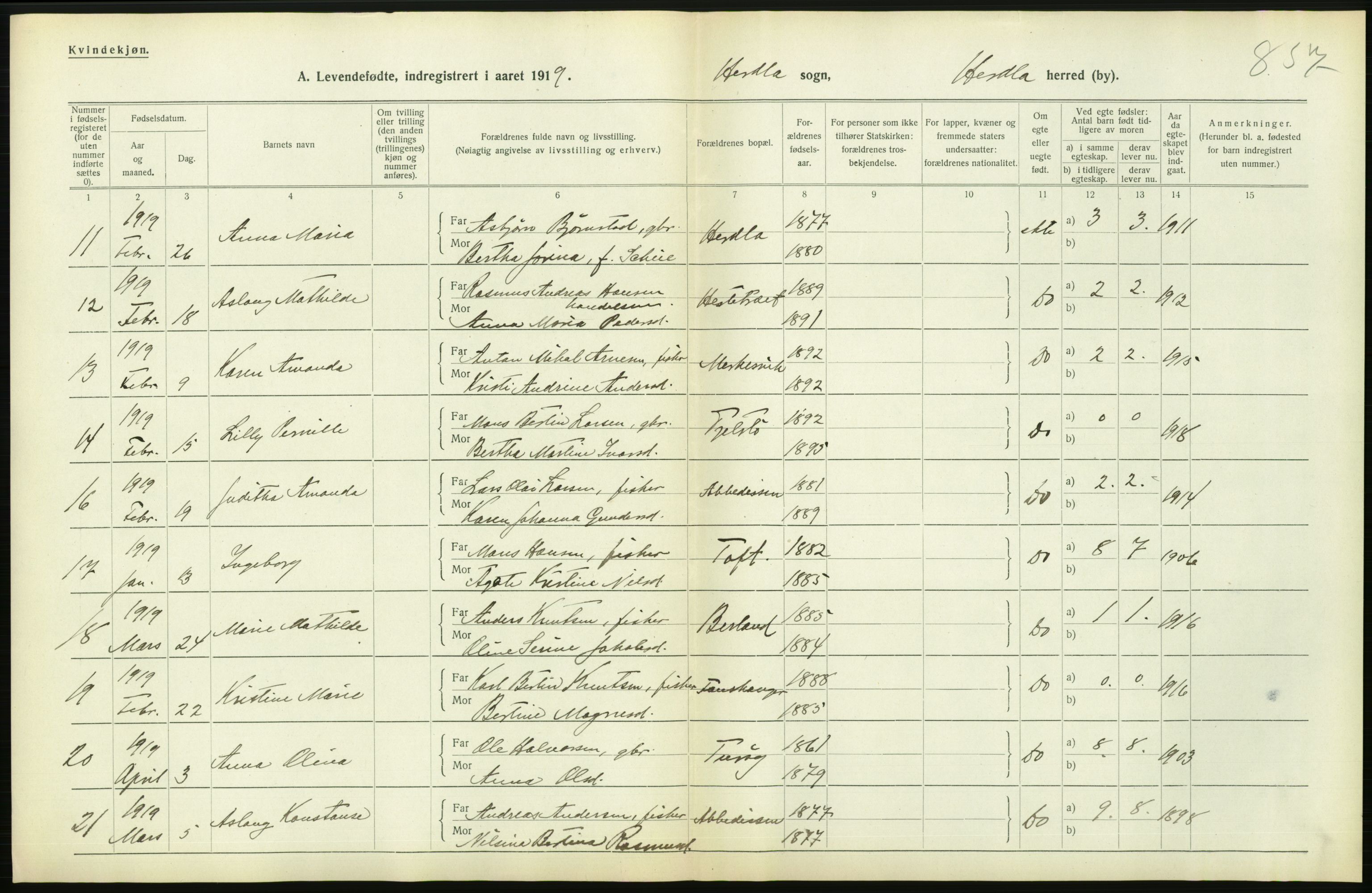 Statistisk sentralbyrå, Sosiodemografiske emner, Befolkning, RA/S-2228/D/Df/Dfb/Dfbi/L0031: Hordaland fylke: Levendefødte menn og kvinner. Bygder., 1919, p. 474