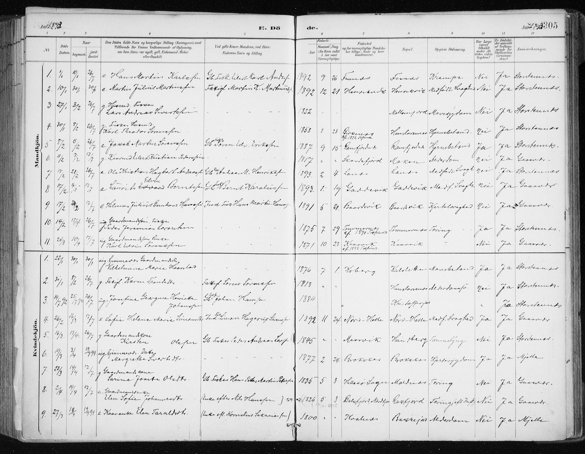 Tromsøysund sokneprestkontor, AV/SATØ-S-1304/G/Ga/L0005kirke: Parish register (official) no. 5, 1888-1896, p. 305
