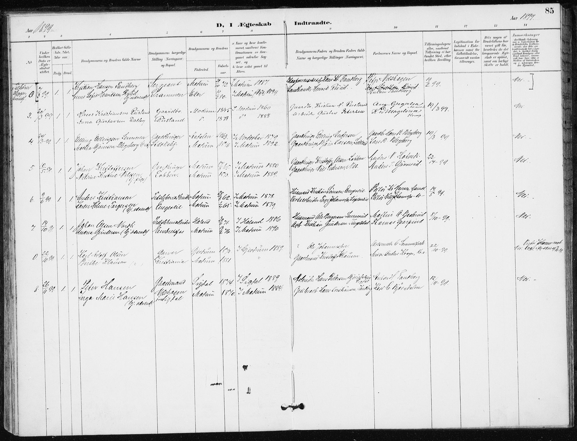 Modum kirkebøker, AV/SAKO-A-234/F/Fa/L0016: Parish register (official) no. 16, 1890-1899, p. 85