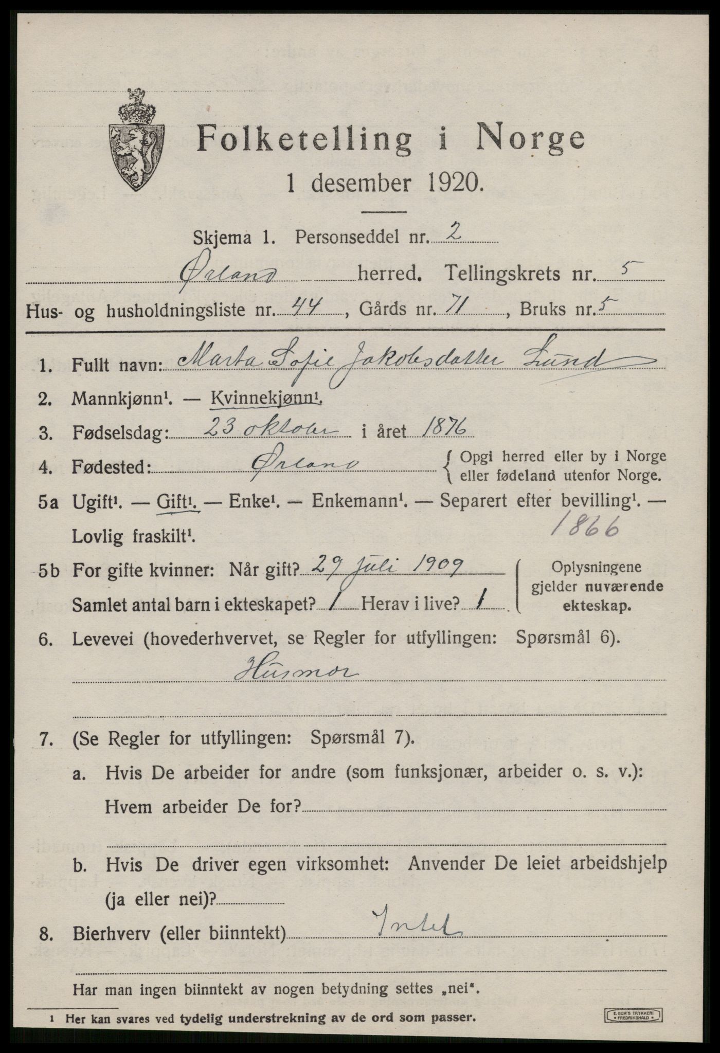 SAT, 1920 census for Ørland, 1920, p. 4927