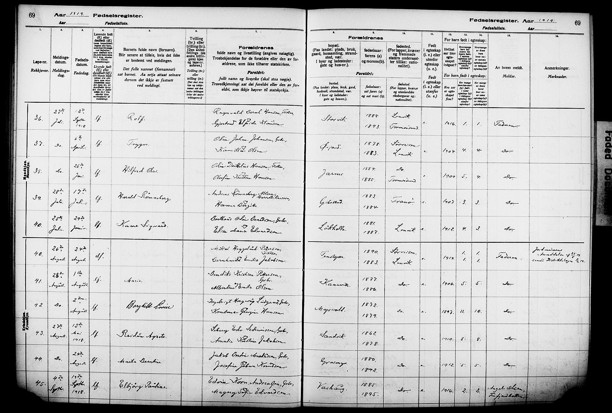 Lenvik sokneprestembete, AV/SATØ-S-1310/I/Ic/L0089: Birth register no. 89, 1916-1926, p. 69