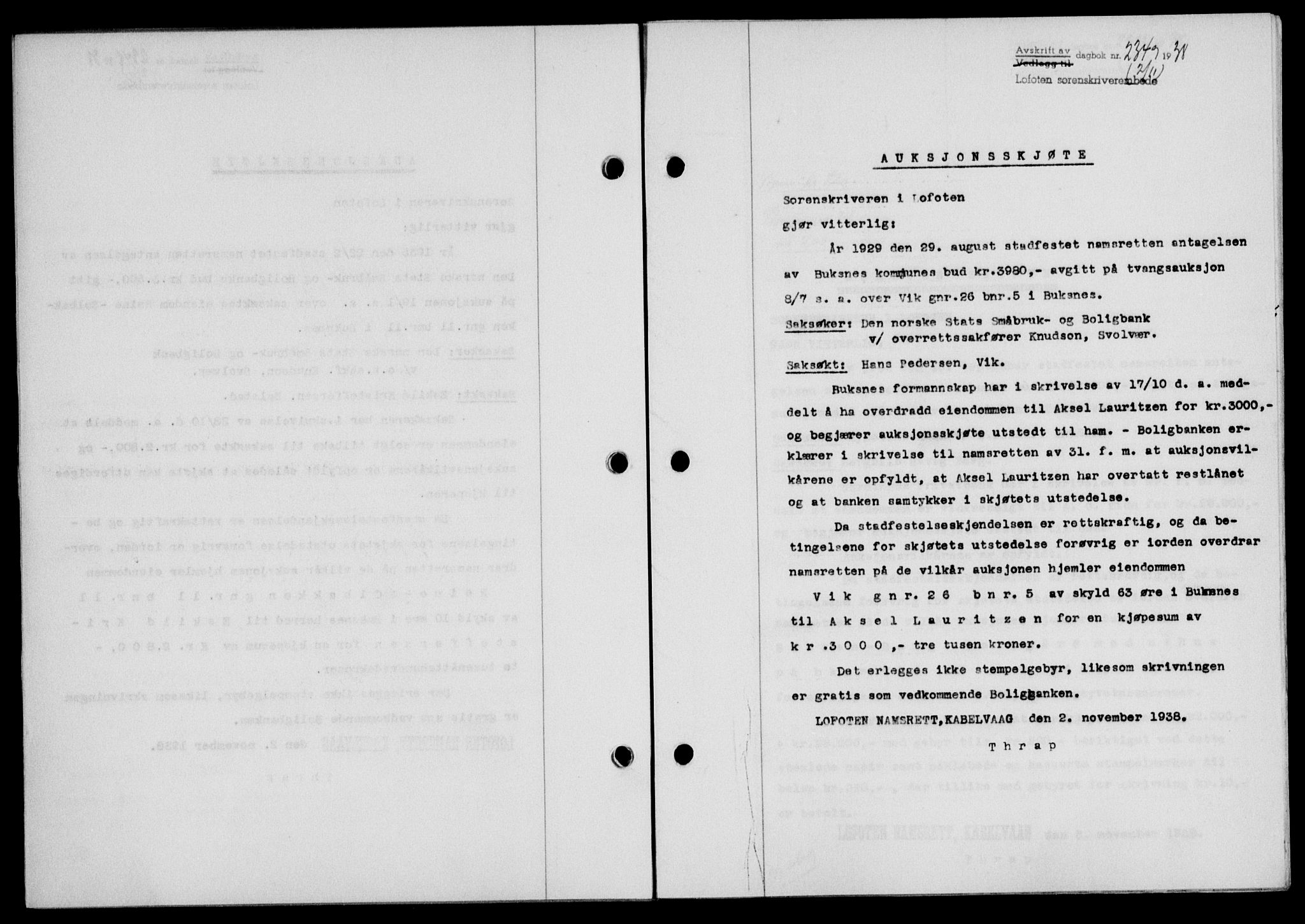Lofoten sorenskriveri, SAT/A-0017/1/2/2C/L0004a: Mortgage book no. 4a, 1938-1938, Diary no: : 2349/1938