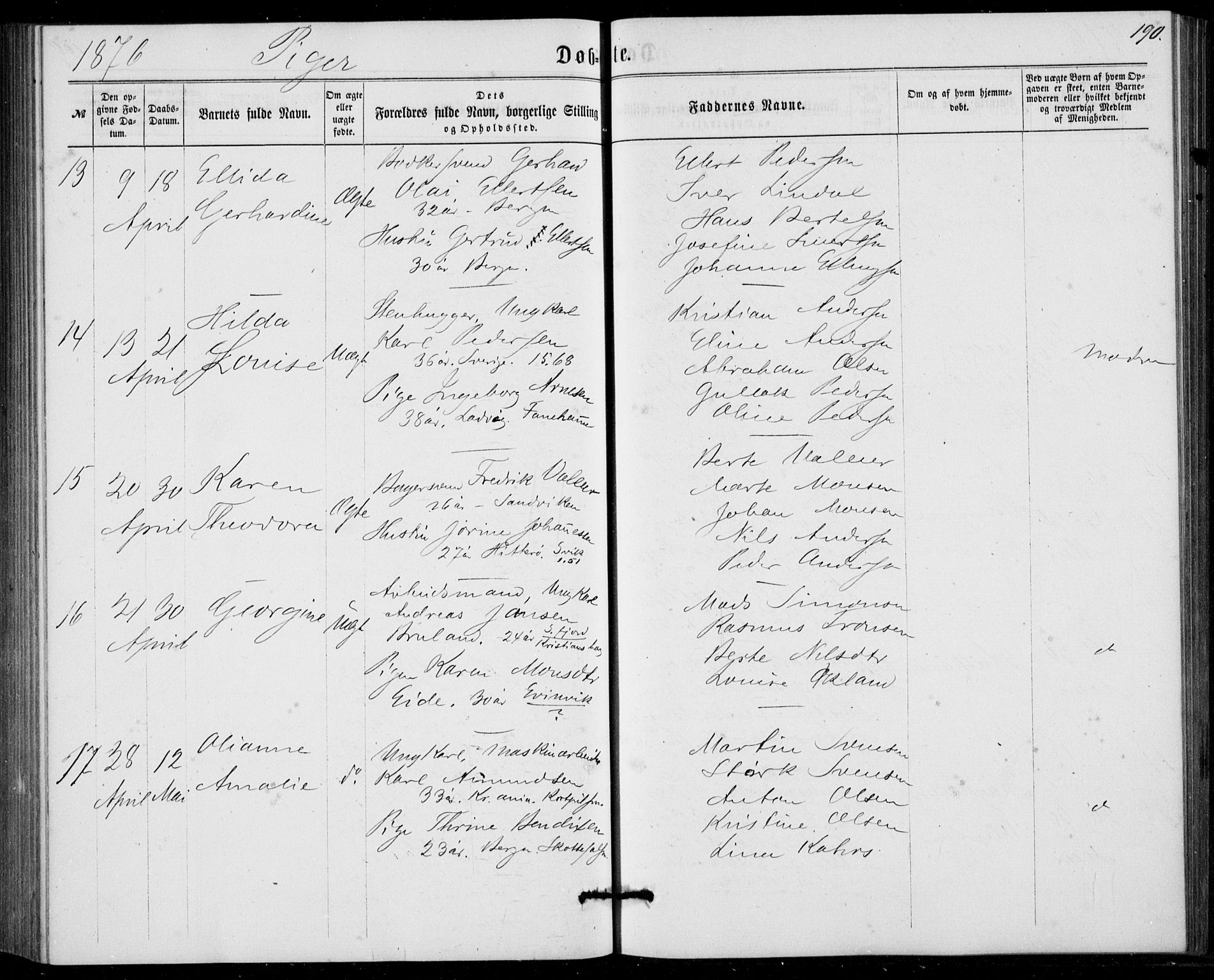 Fødselsstiftelsens sokneprestembete, ført av overlegen*, SAB/-: Parish register (official) no. A 1, 1863-1883, p. 190