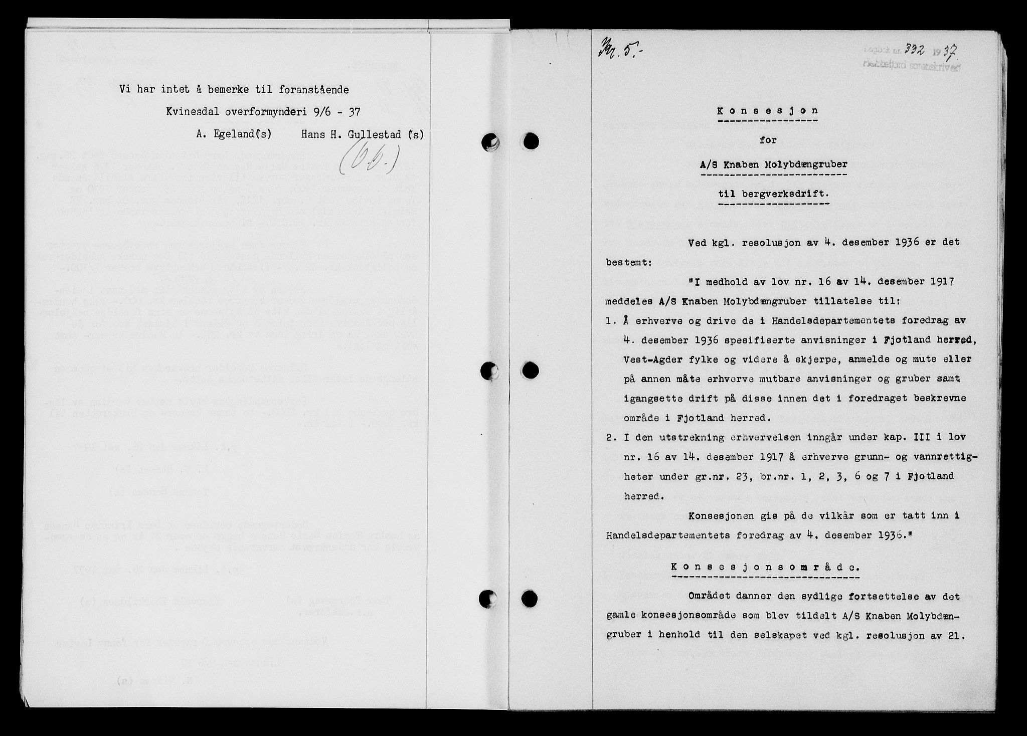 Flekkefjord sorenskriveri, SAK/1221-0001/G/Gb/Gba/L0053: Mortgage book no. A-1, 1936-1937, Diary no: : 332/1937