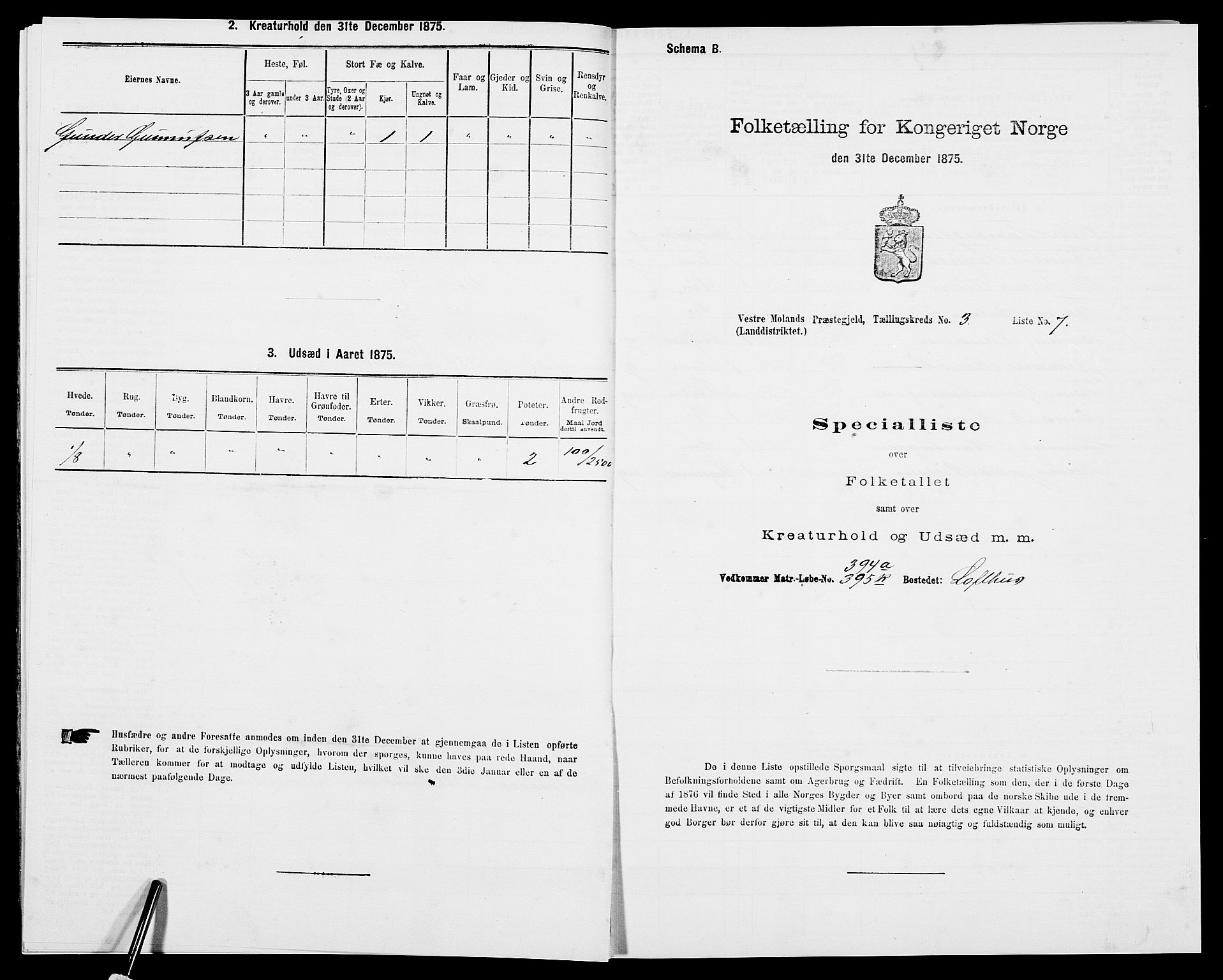 SAK, 1875 census for 0926L Vestre Moland/Vestre Moland, 1875, p. 404