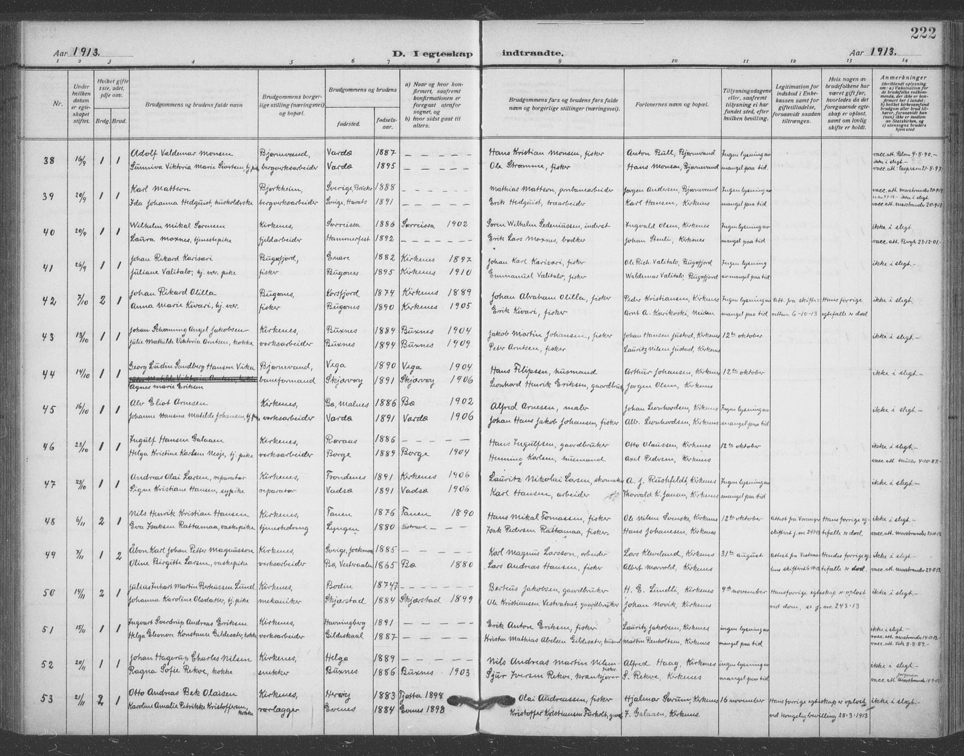 Sør-Varanger sokneprestkontor, SATØ/S-1331/H/Ha/L0005kirke: Parish register (official) no. 5, 1909-1919, p. 222