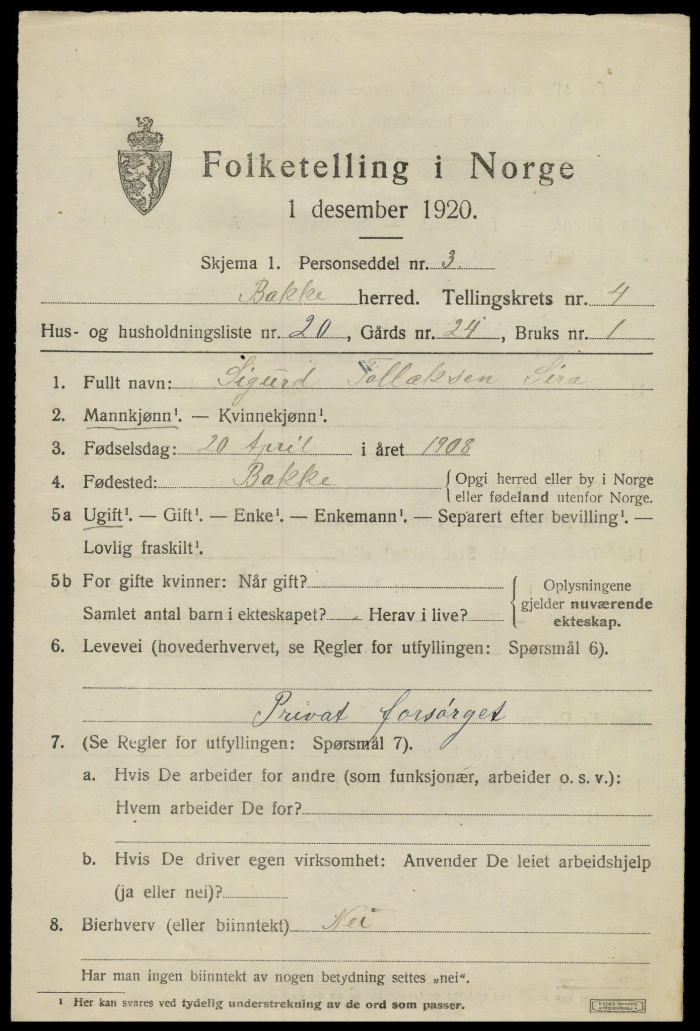 SAK, 1920 census for Bakke, 1920, p. 1422