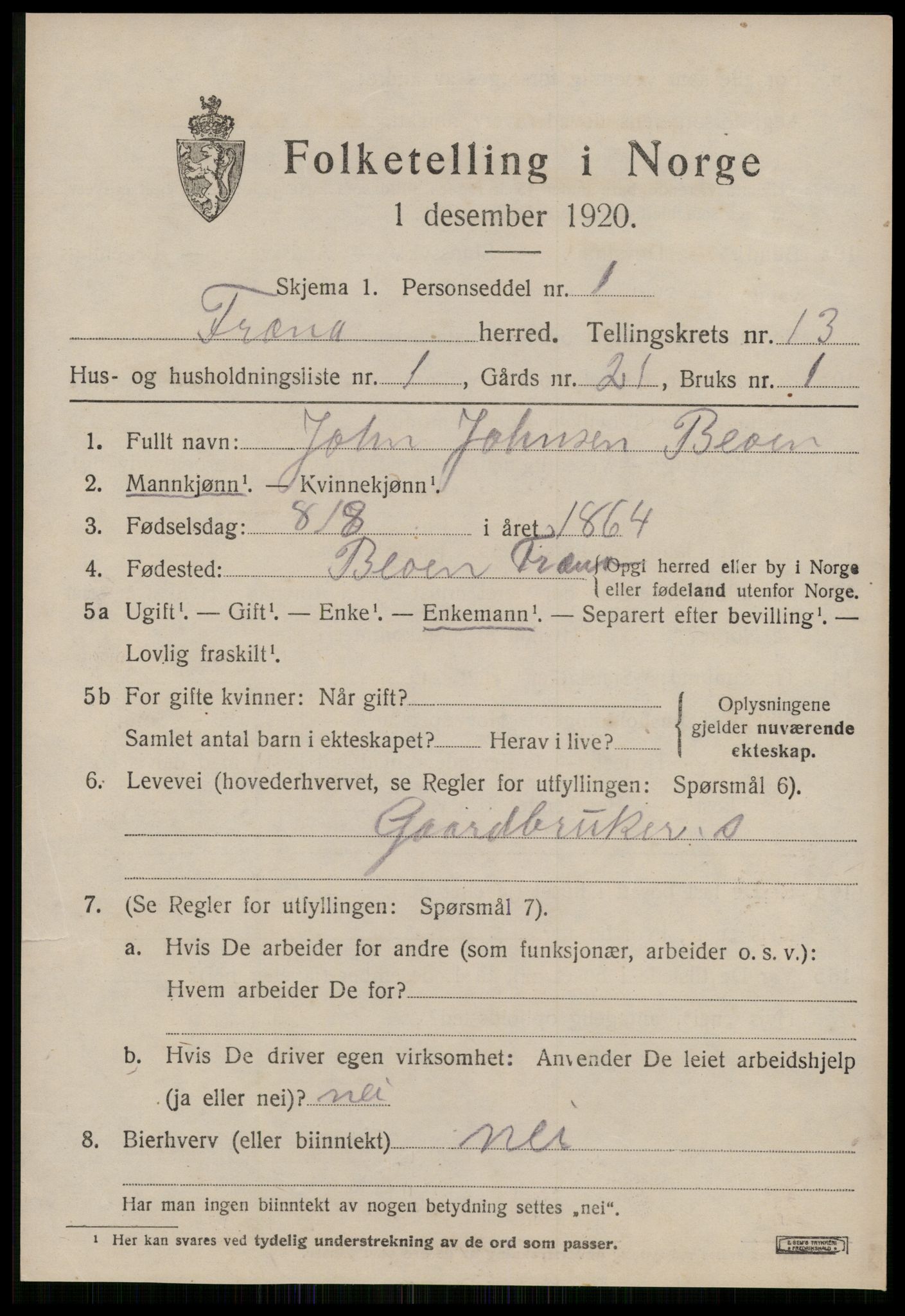 SAT, 1920 census for Fræna, 1920, p. 6913