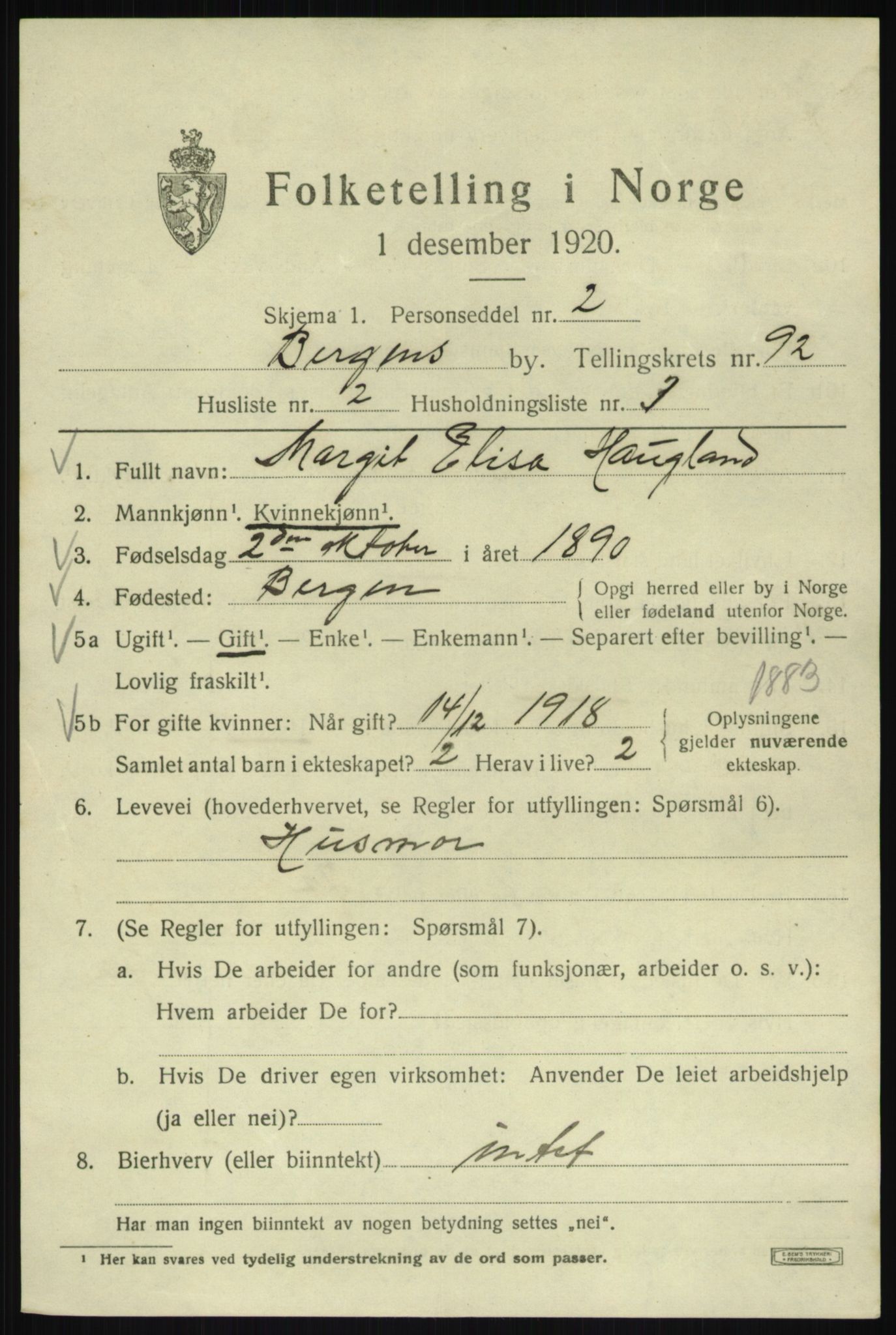 SAB, 1920 census for Bergen, 1920, p. 165515