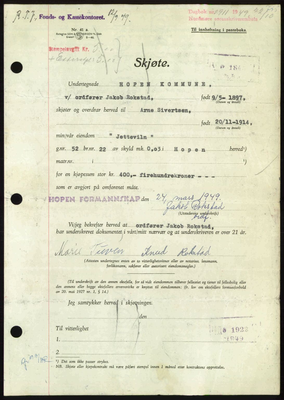 Nordmøre sorenskriveri, AV/SAT-A-4132/1/2/2Ca: Mortgage book no. A112, 1949-1949, Diary no: : 2911/1949