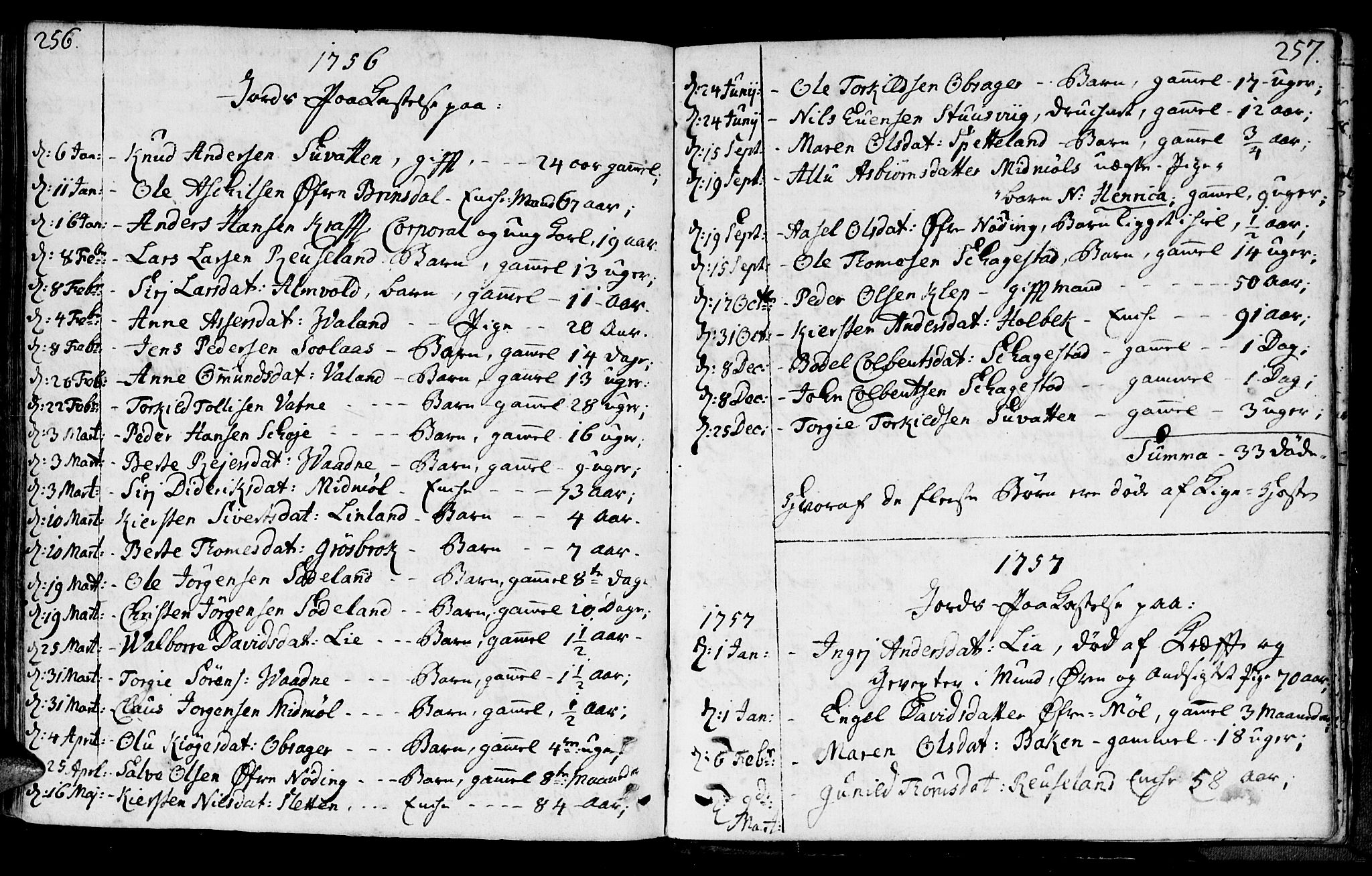 Holum sokneprestkontor, SAK/1111-0022/F/Fa/Faa/L0002: Parish register (official) no. A 2, 1756-1780, p. 256-257