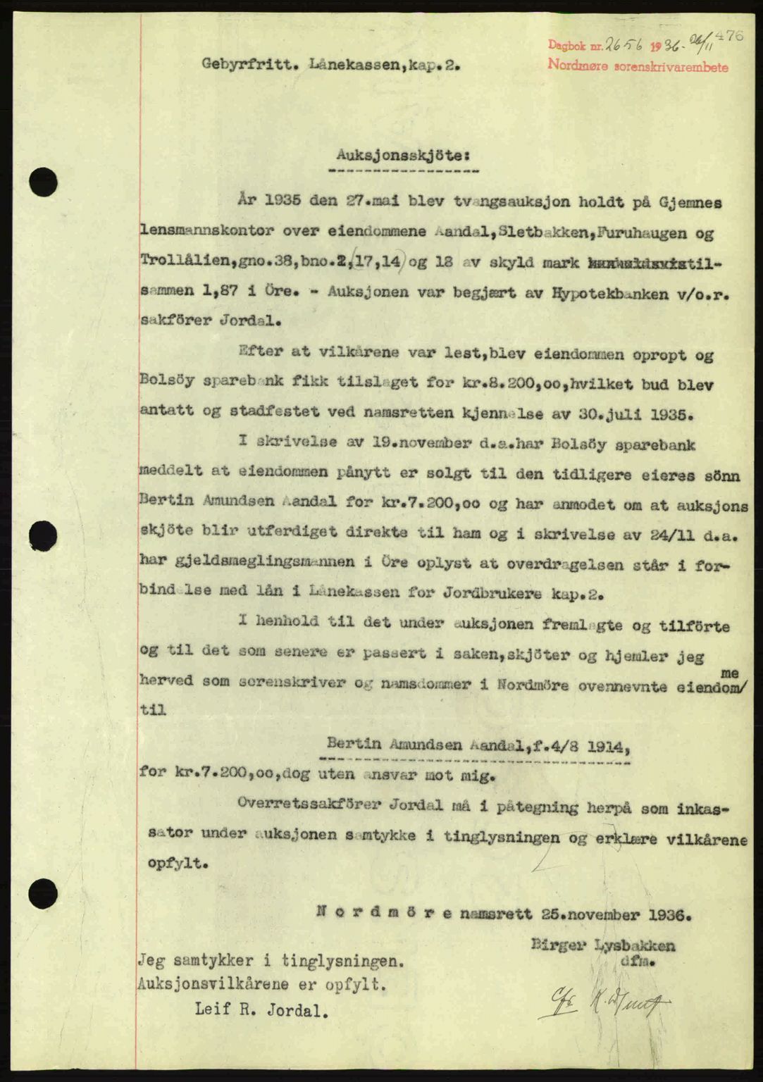 Nordmøre sorenskriveri, AV/SAT-A-4132/1/2/2Ca: Mortgage book no. A80, 1936-1937, Diary no: : 2656/1936