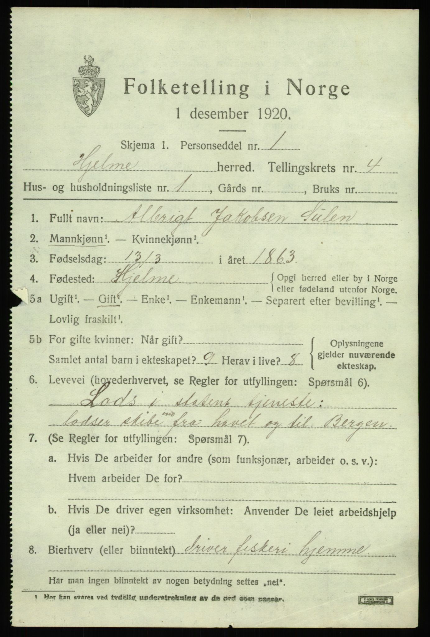 SAB, 1920 census for Hjelme, 1920, p. 2248