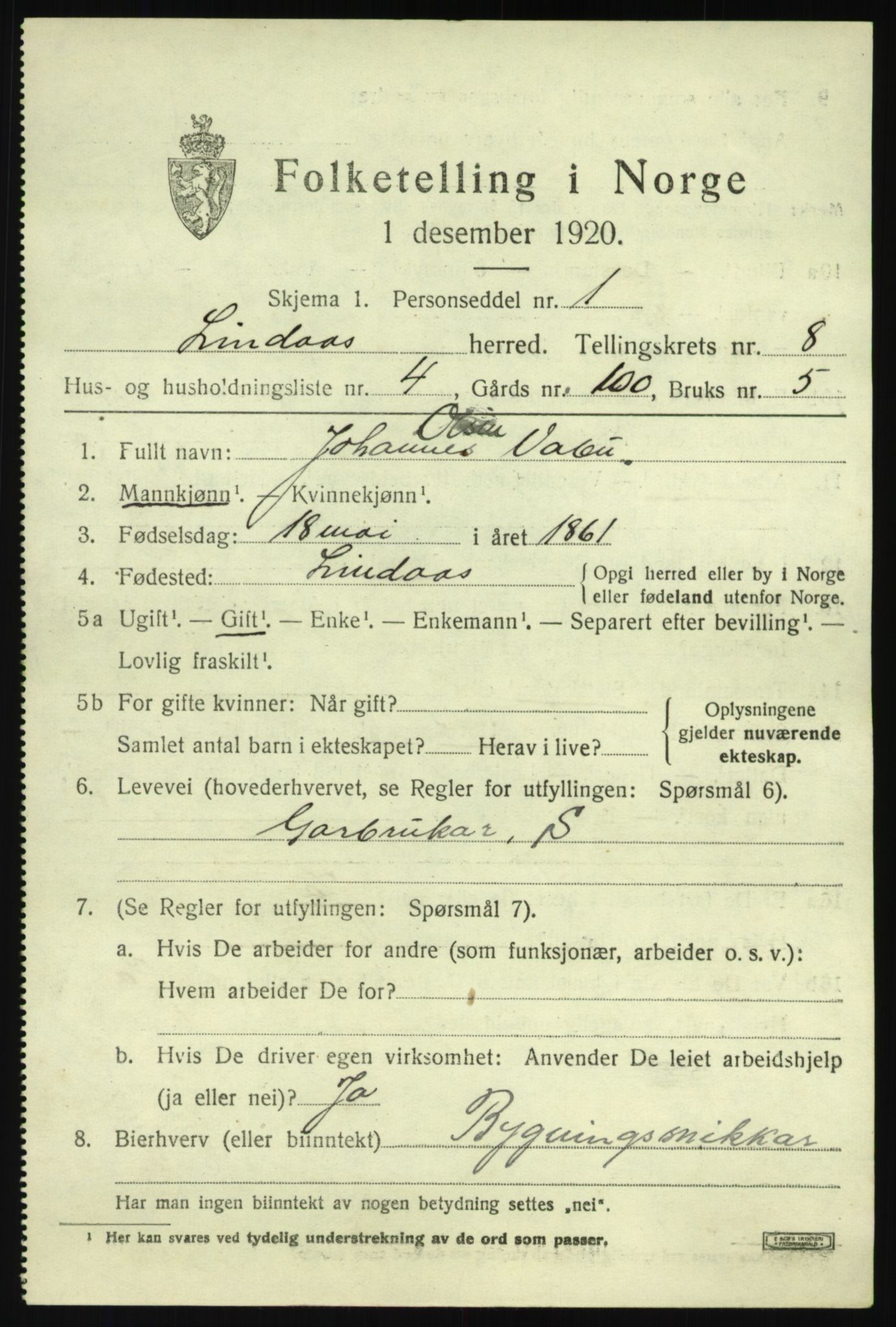 SAB, 1920 census for Lindås, 1920, p. 4267