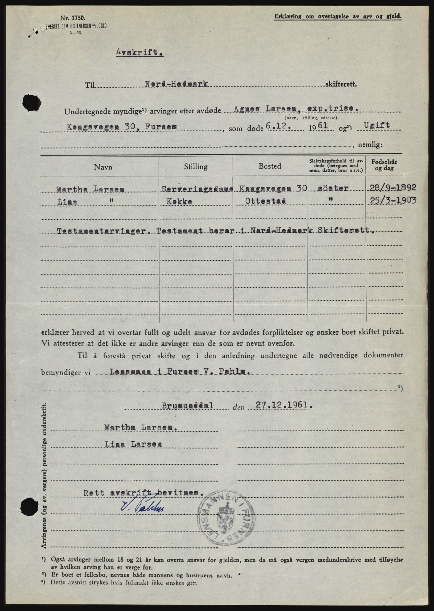 Nord-Hedmark sorenskriveri, AV/SAH-TING-012/H/Hc/L0016: Mortgage book no. 16, 1962-1962, Diary no: : 132/1962