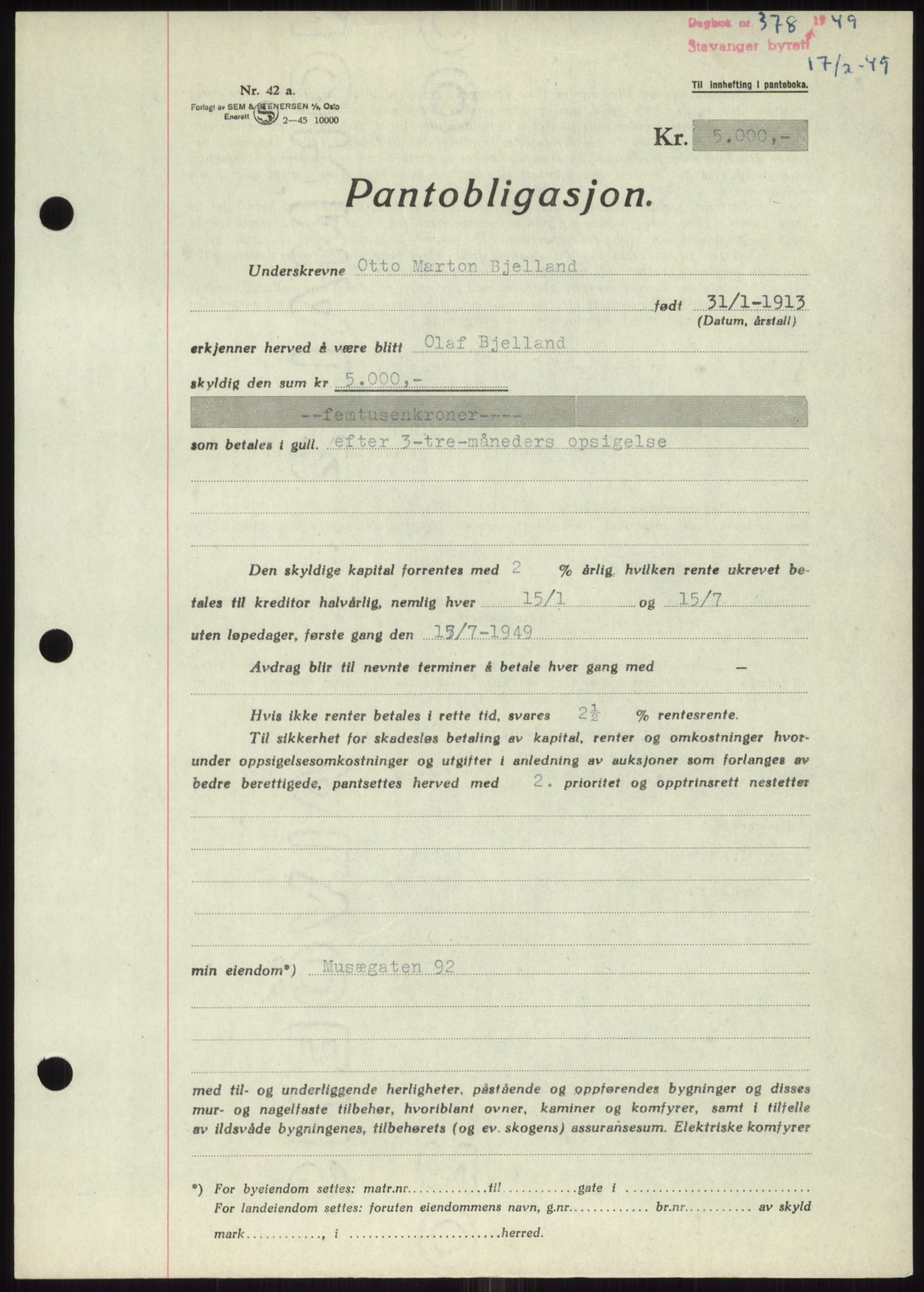 Stavanger byrett, SAST/A-100455/002/G/Gb/L0032: Mortgage book, 1947-1950, Diary no: : 378/1949