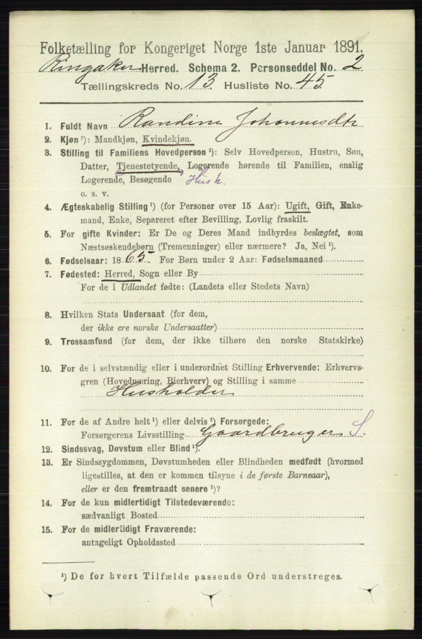 RA, 1891 census for 0412 Ringsaker, 1891, p. 7458