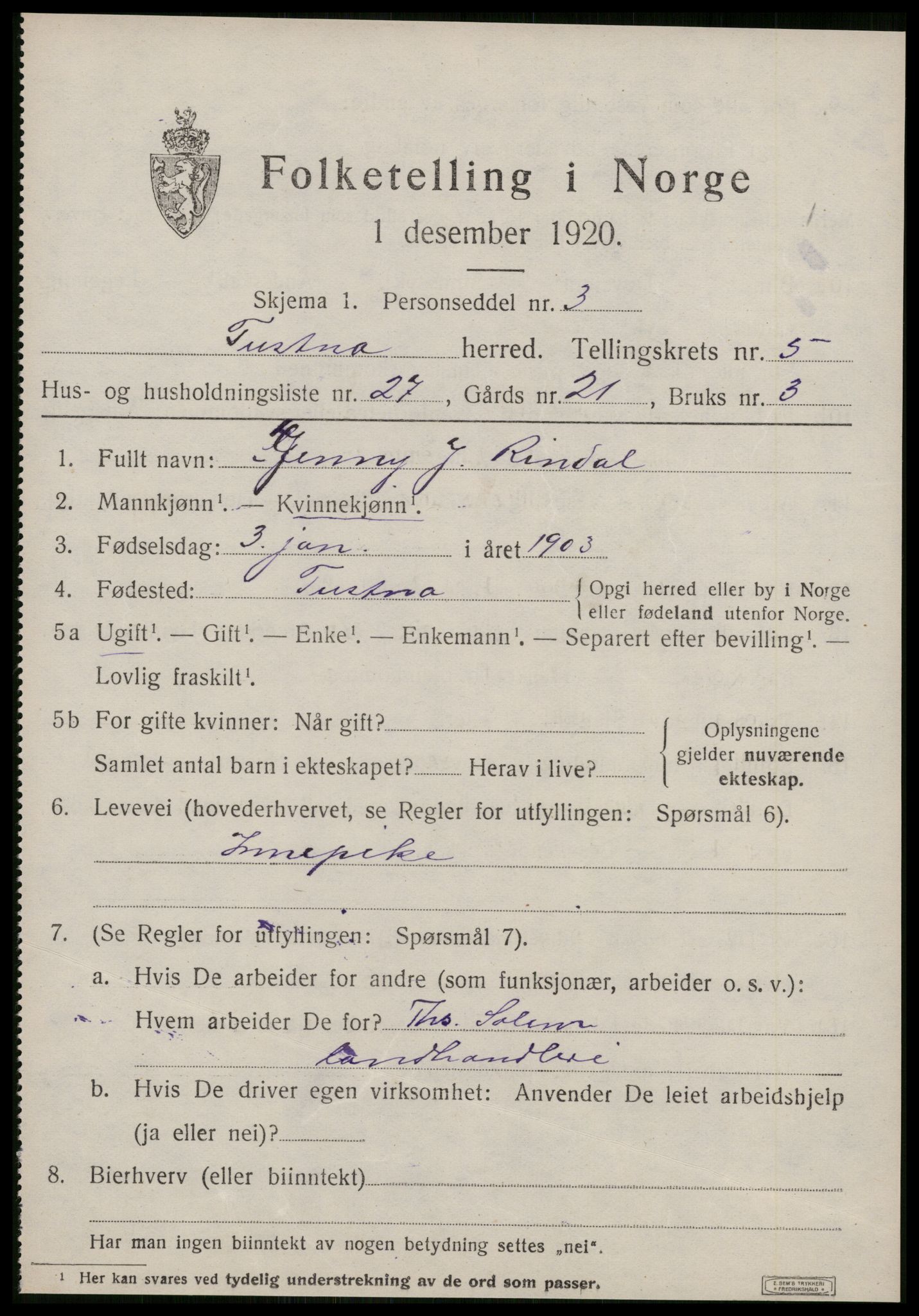 SAT, 1920 census for Tustna, 1920, p. 2667