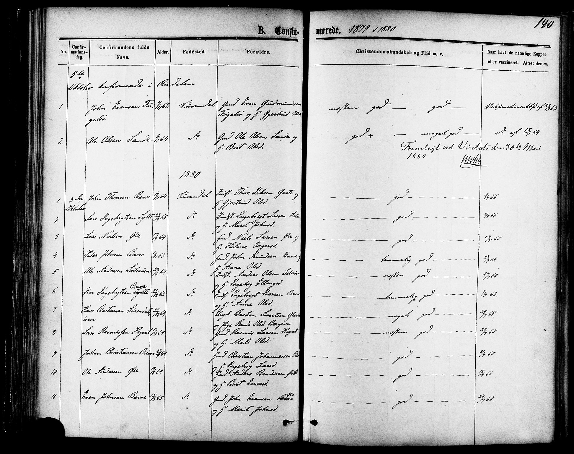 Ministerialprotokoller, klokkerbøker og fødselsregistre - Møre og Romsdal, SAT/A-1454/595/L1046: Parish register (official) no. 595A08, 1874-1884, p. 140