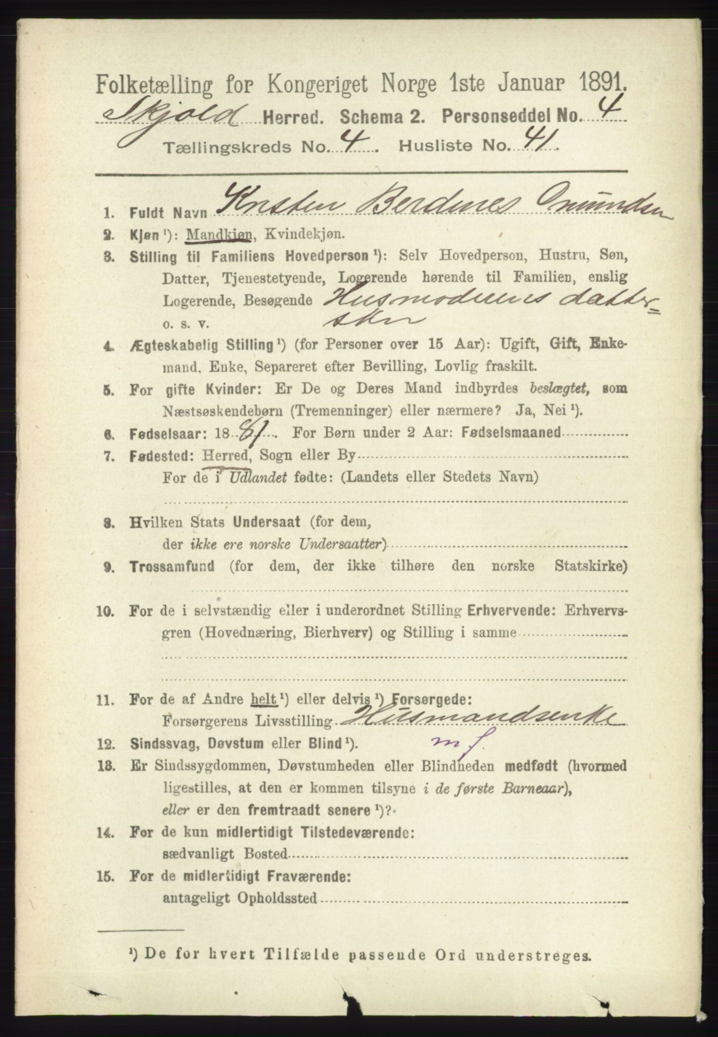 RA, 1891 census for 1154 Skjold, 1891, p. 725