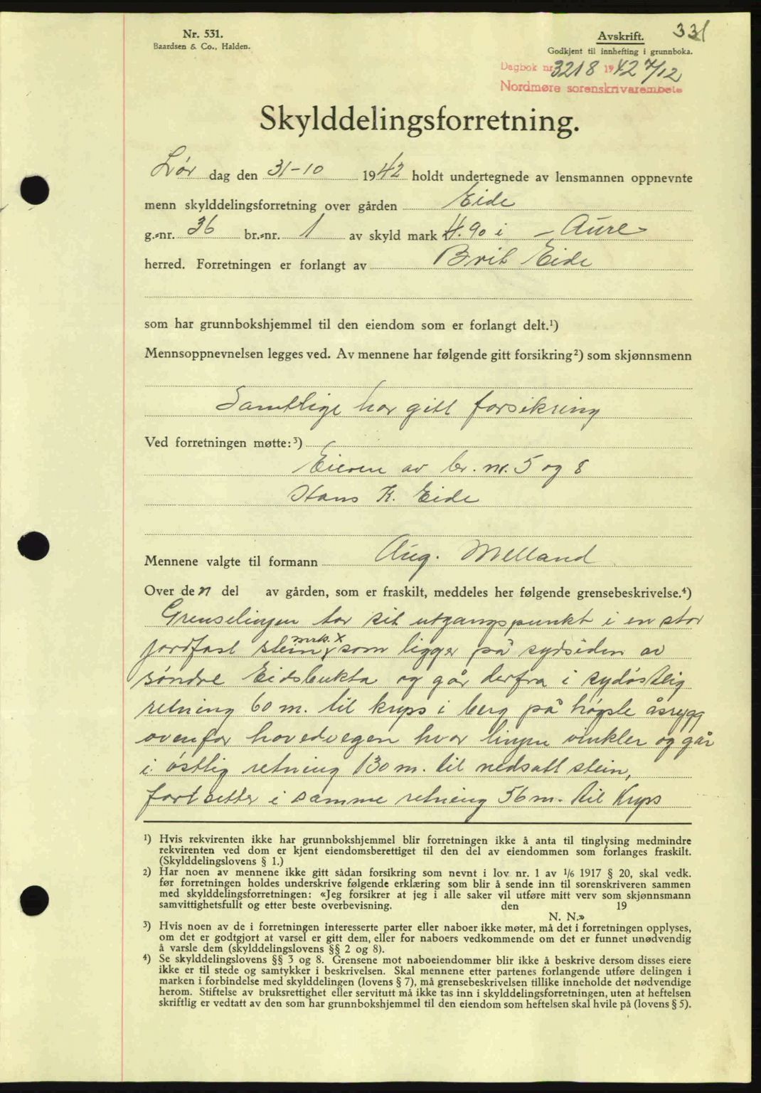Nordmøre sorenskriveri, AV/SAT-A-4132/1/2/2Ca: Mortgage book no. A94, 1942-1943, Diary no: : 3218/1942