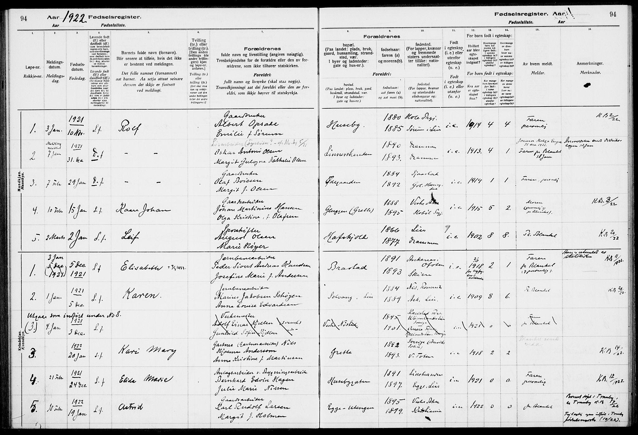 Lier kirkebøker, AV/SAKO-A-230/J/Ja/L0001: Birth register no. 1, 1916-1928, p. 94