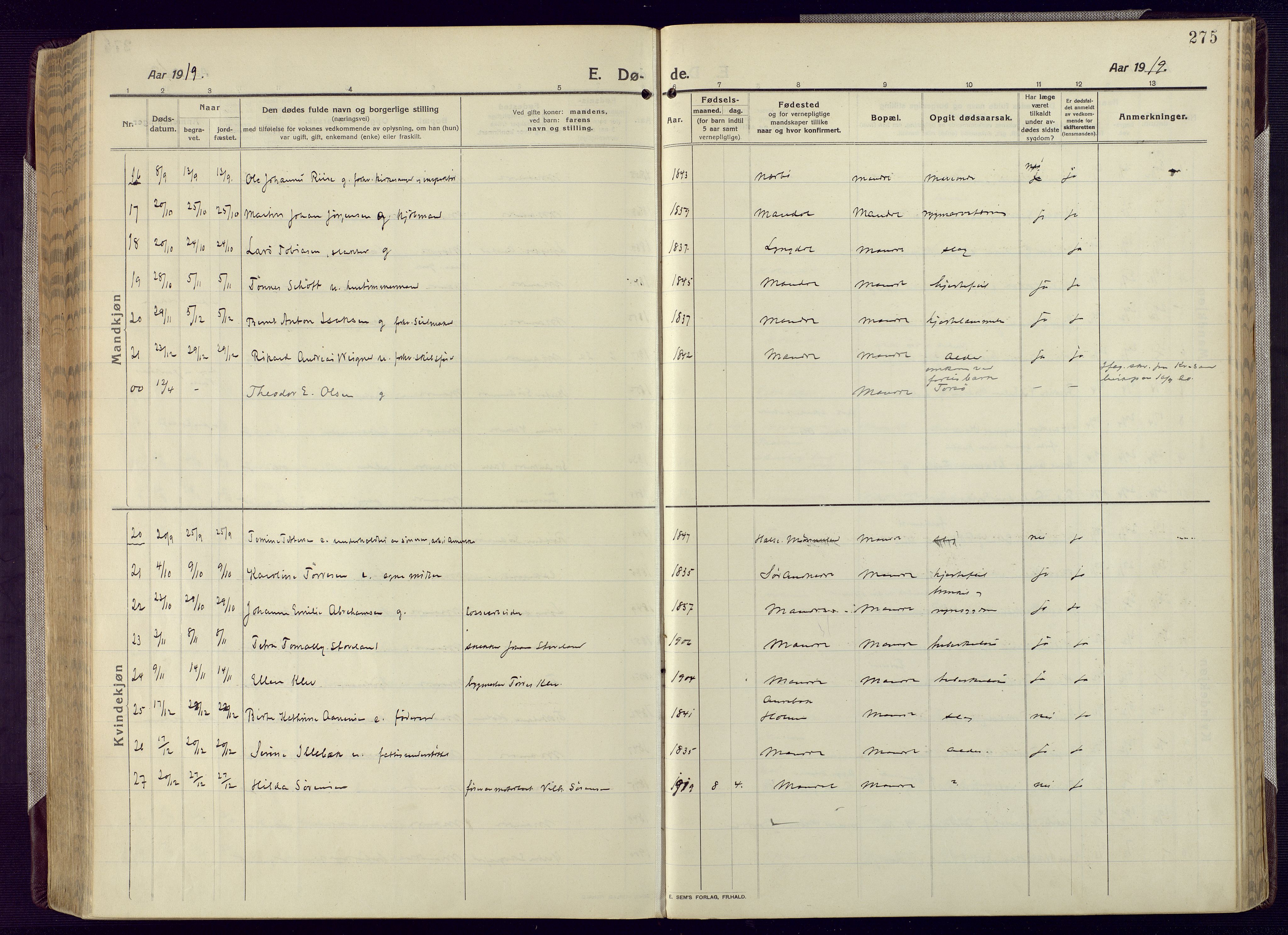 Mandal sokneprestkontor, AV/SAK-1111-0030/F/Fa/Fac/L0001: Parish register (official) no. A 1, 1913-1925, p. 275