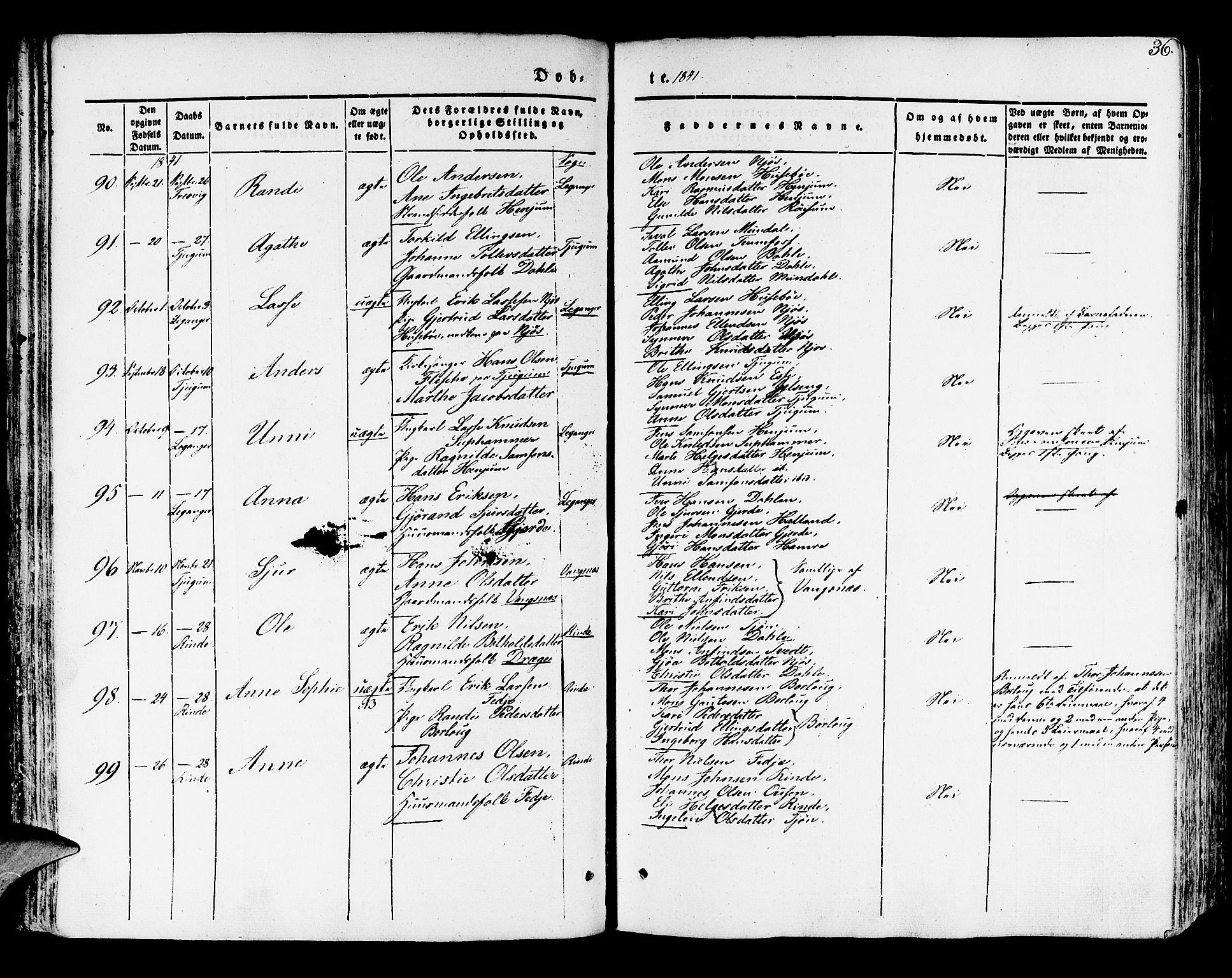 Leikanger sokneprestembete, AV/SAB-A-81001/H/Haa/Haaa/L0007: Parish register (official) no. A 7, 1838-1851, p. 36