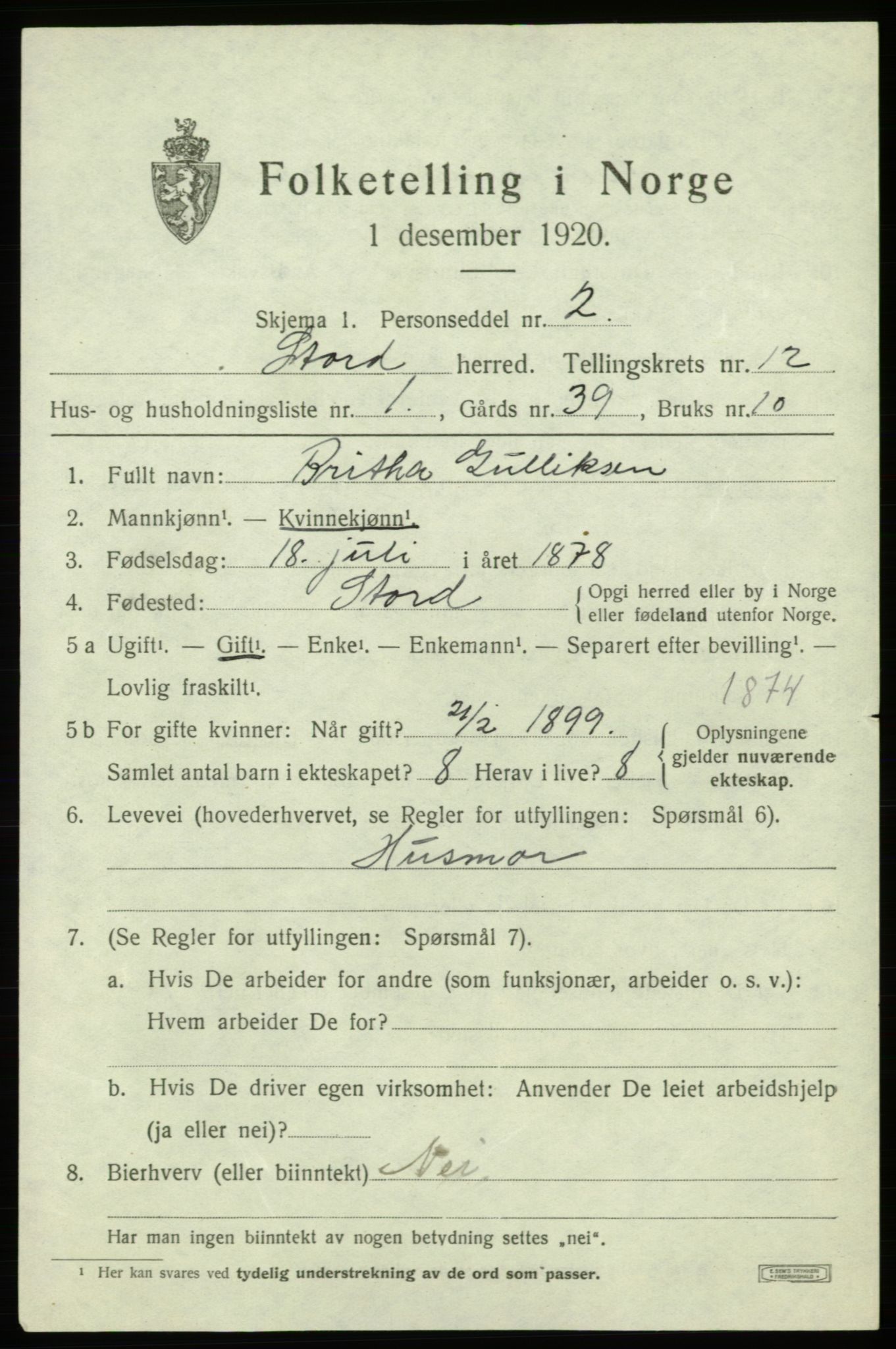 SAB, 1920 census for Stord, 1920, p. 6999