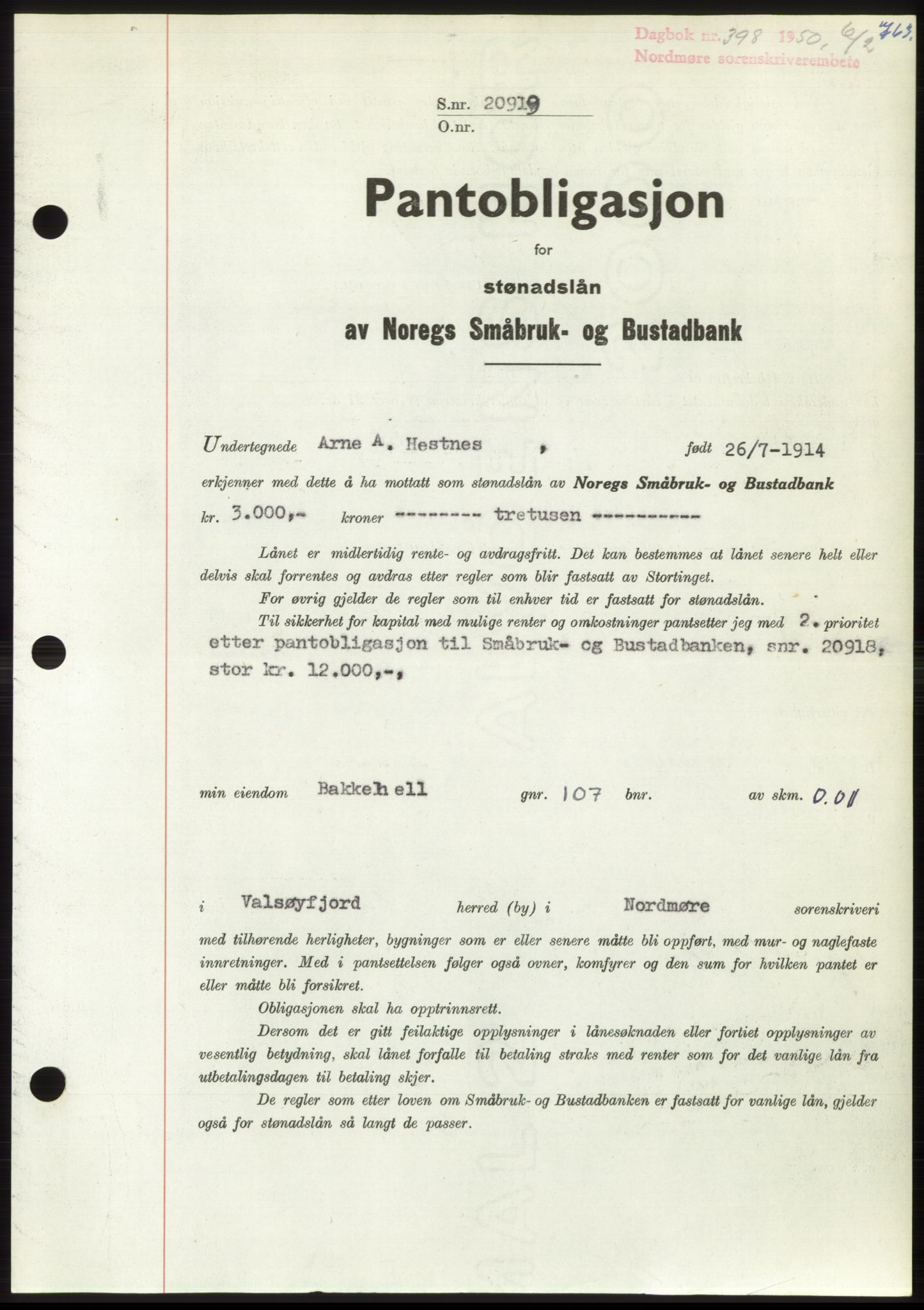 Nordmøre sorenskriveri, AV/SAT-A-4132/1/2/2Ca: Mortgage book no. B103, 1949-1950, Diary no: : 398/1950