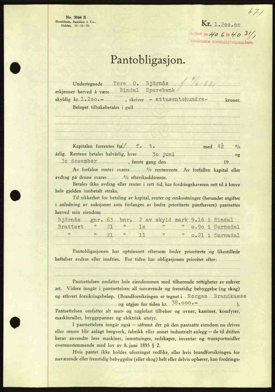 Nordmøre sorenskriveri, AV/SAT-A-4132/1/2/2Ca: Mortgage book no. B86, 1939-1940, Diary no: : 406/1940