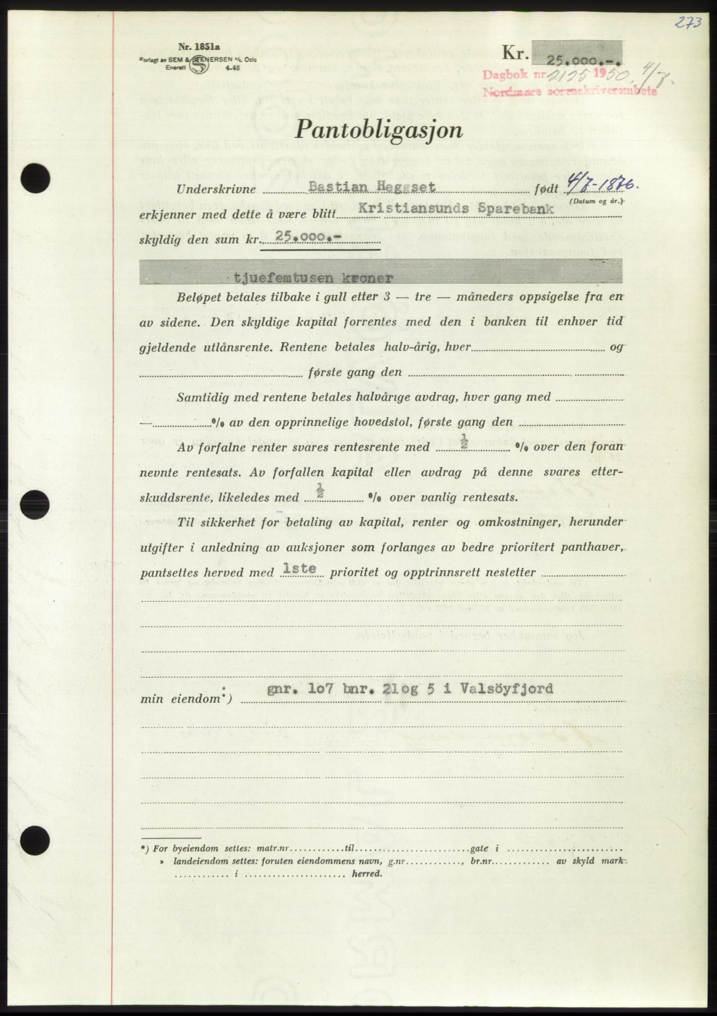 Nordmøre sorenskriveri, AV/SAT-A-4132/1/2/2Ca: Mortgage book no. B105, 1950-1950, Diary no: : 2125/1950