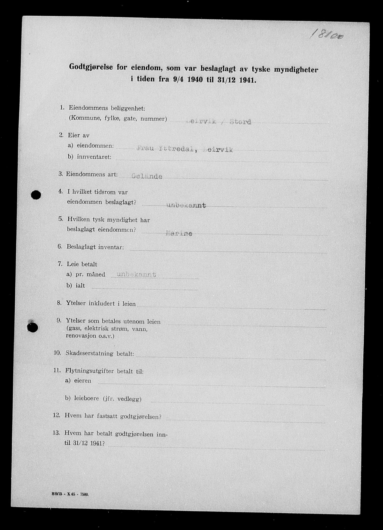 Justisdepartementet, Tilbakeføringskontoret for inndratte formuer, AV/RA-S-1564/I/L1016: Godtgjørelse for beslaglagt eiendom, 1940-1941, p. 325