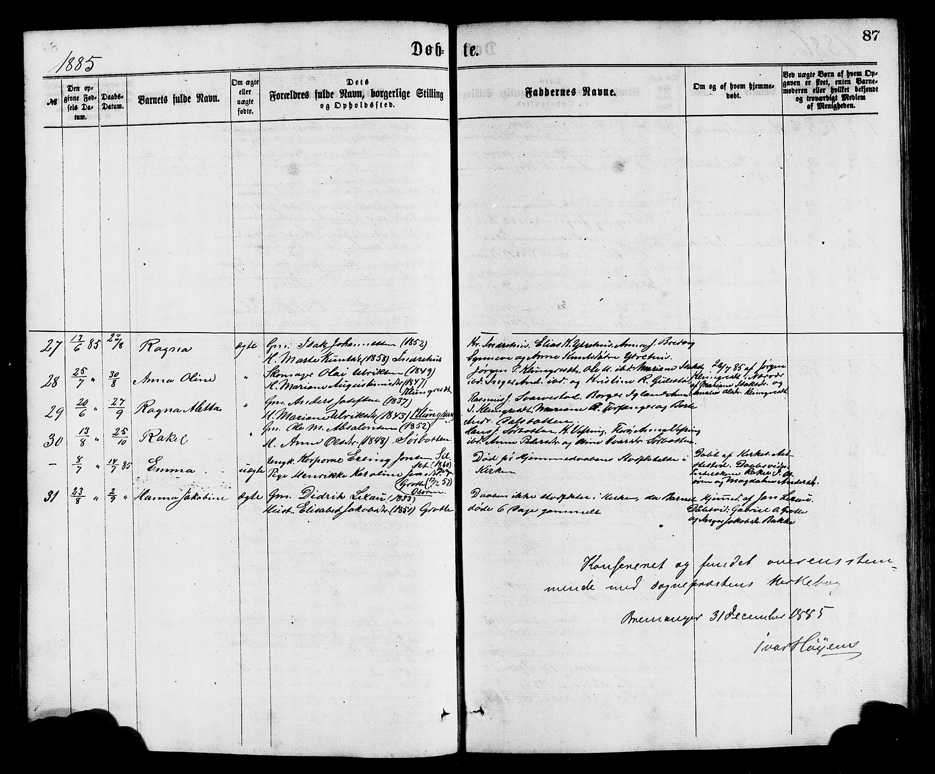 Bremanger sokneprestembete, SAB/A-82201/H/Hab/Haba/L0002: Parish register (copy) no. A 2, 1866-1889, p. 87